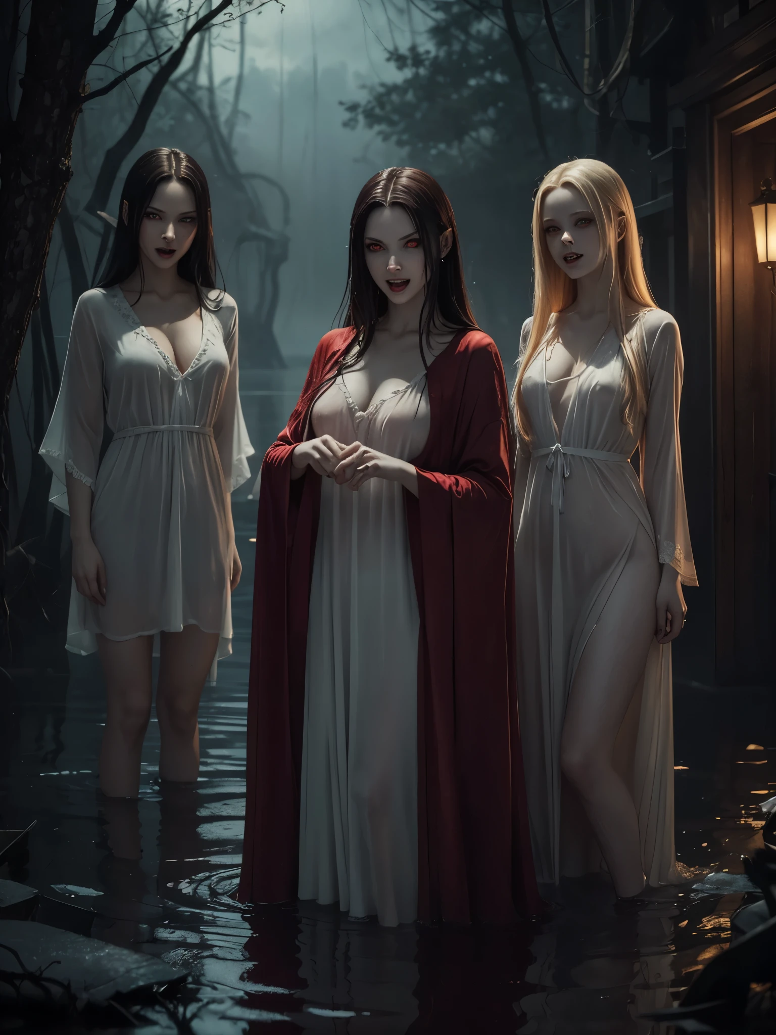 ((Night)) ((a deserted lake)) three Vampire women, ((three girls only)), (full body), (((red eyes and fangs))), one brunette, one blonde, one redhead, pale skin, (sexy see-thru nightgowns), (NSFW), (open mouths, blood on mouths), (evil grins, fangs, long canine teeth), looking at viewer, rising out of the water, soaking wet. style of a painted book illustration, dramatic lighting, (depth of field), ((masterpiece)), ((best quality)), ((highly detailed)), horror theme