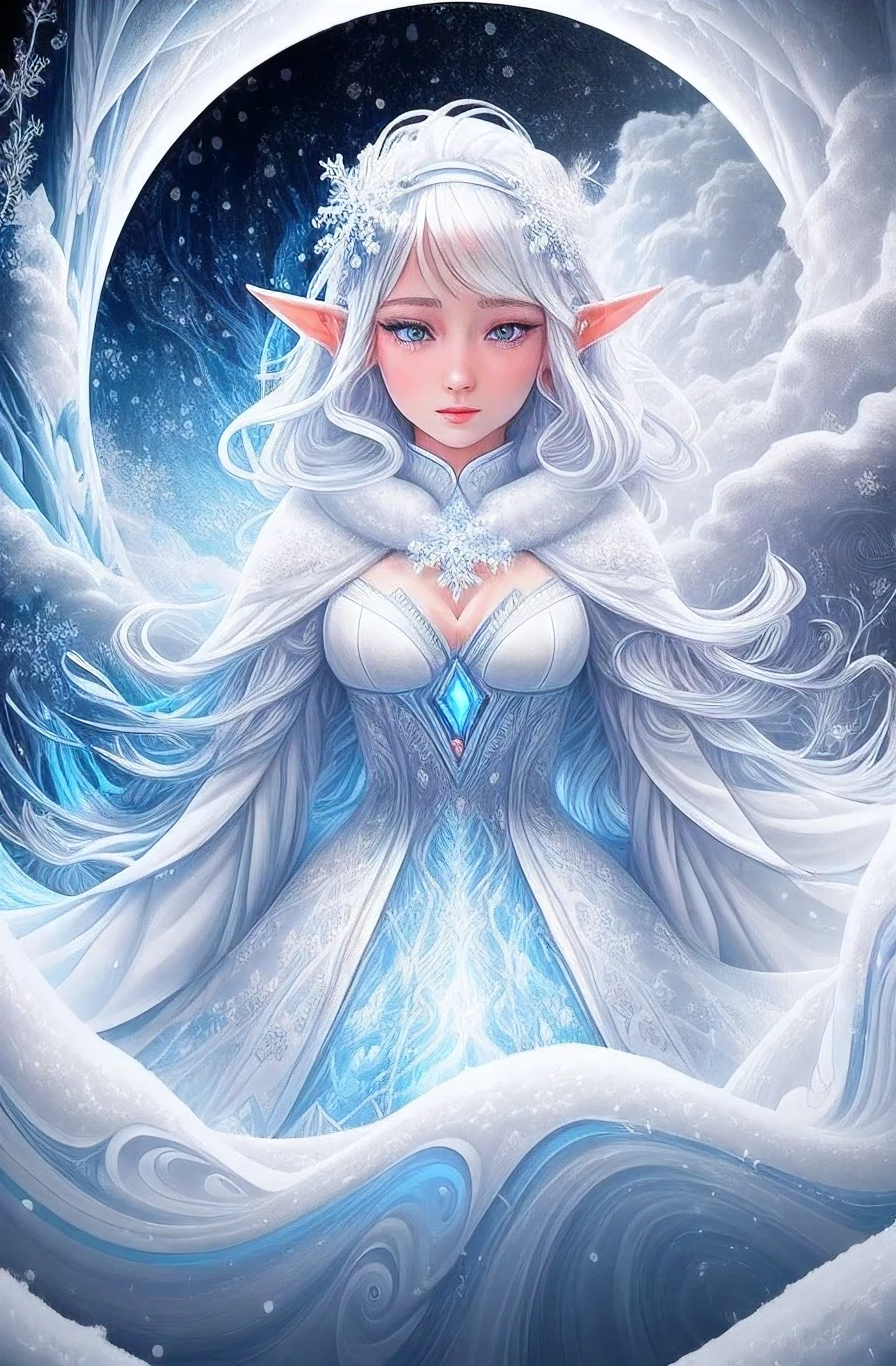 (Female elf stands in front of white snow whirlpool: 1.5),((Her facial features are very beautiful,Pointy ears and charming eyes,Complements flowing hair。The costume she wears combines traditional elf clothing with futuristic technological mechanical elements.:1.ure white snowflakes, Snowy surroundingpectations, depth of field, insight, I got it, Monte, Snow cover, translucent cloud, spectrum, panoramic, snow cycle, crazy, portal, big deal, white light, global snowflake,The sky full of beautiful snowflakes)),Vibrant white light color,thick line,Turbulent snowflakes with multiple layers,prospect、Vision、Fractal ThunderDan Mumford,danford and alex gray style,psychedelic surreal art,Surreal psychedelic design,dream art style, trippy art,Infinite white snow psychedelic wave,inspired by Cyril Rolando (Cyril Rolando),Realistic snow ripple structure,Psychedelic snow art style,trippy art,Psychedelic illustration,(alone),(RGB color,Ultra-high saturation)