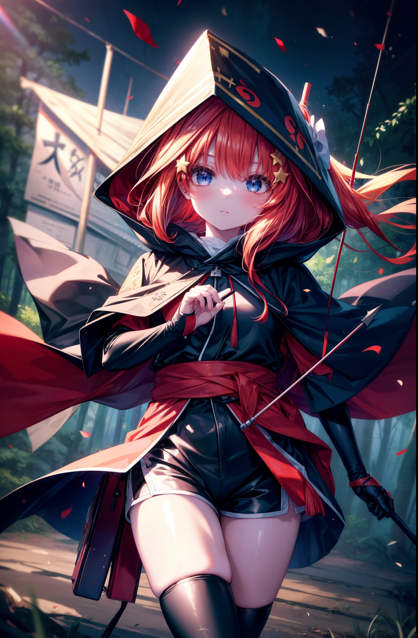 itsukinakano, Itsuki Nakano, bangs, blue eyes, hair between eyes, put the back hair in the hood,redhead, star \(symbol\), hair ornaments, star hair ornaments,hood up,carry a bow on one&#39;s shoulders,Wear a box containing arrows on your waist, asymmetrical clothes, boots, cloak,gloves, red Thighhighs, high heels, shorts, Thighhighs,So that the whole body goes into the illustration,walking,
break outdoors, forest,forest林, (cowboy shot:1. 5)
break (masterpiece:1.2), highest quality, High resolution, unity 8k wallpaper, (figure:0.8), (detailed and beautiful eyes:1.6), highly detailed face, perfect lighting, Very detailed CG, (perfect hands, perfect anatomy),