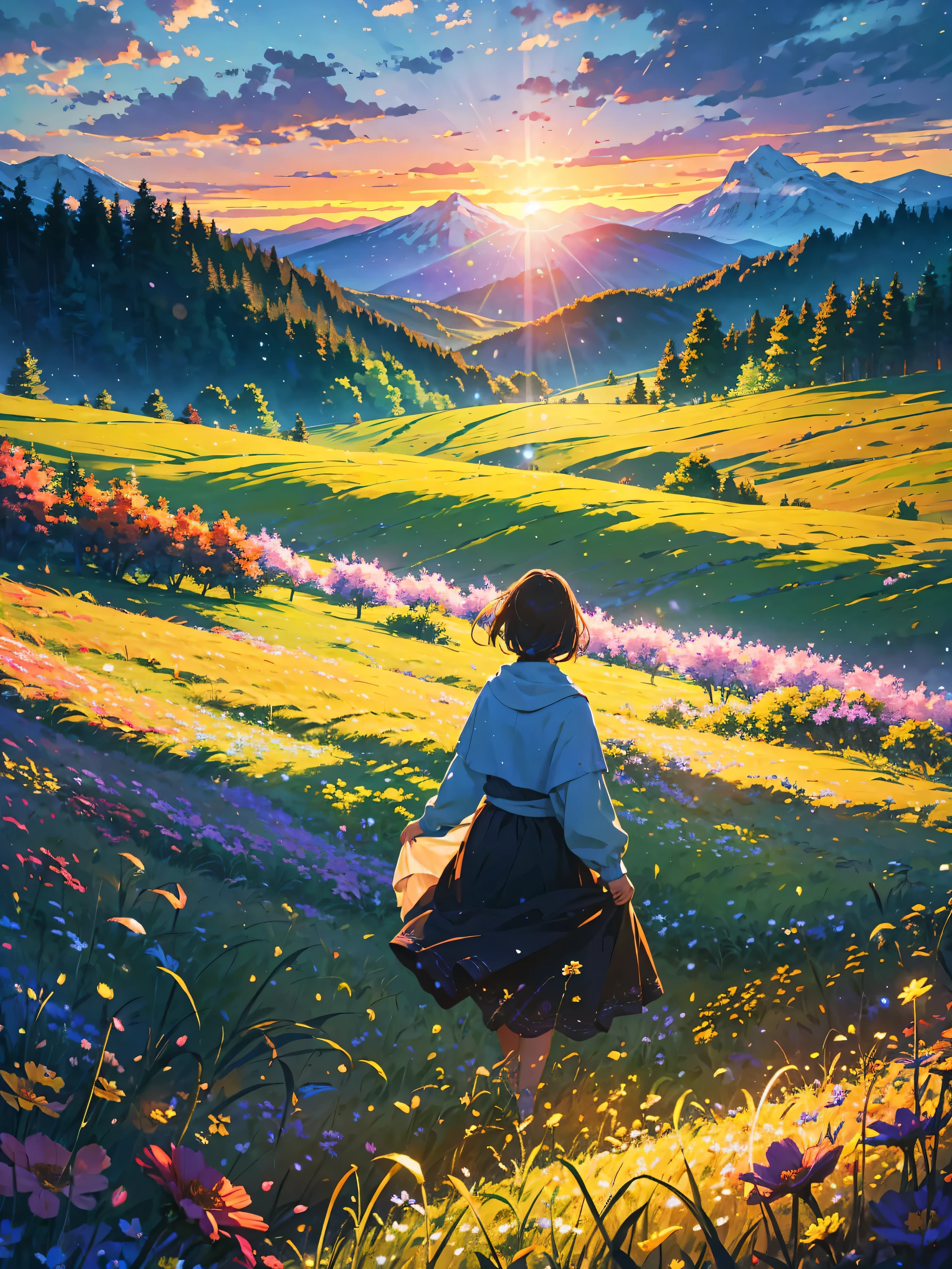 Woman stand in hill, field of flower, beautiful detailed , beautiful detailed, vibrant atmosphere, gentle breeze, breathtaking view, sunlight filtering through the clouds, colorful wildflowers, tall grass swaying in the wind, majestic snow-capped peaks in the distance, fresh mountain air, serene expression, radiant smile, s, medium: oil painting, ultra-detailed, realistic:1.37, best quality, 4k, vivid colors, HDR, studio lighting, bokeh.