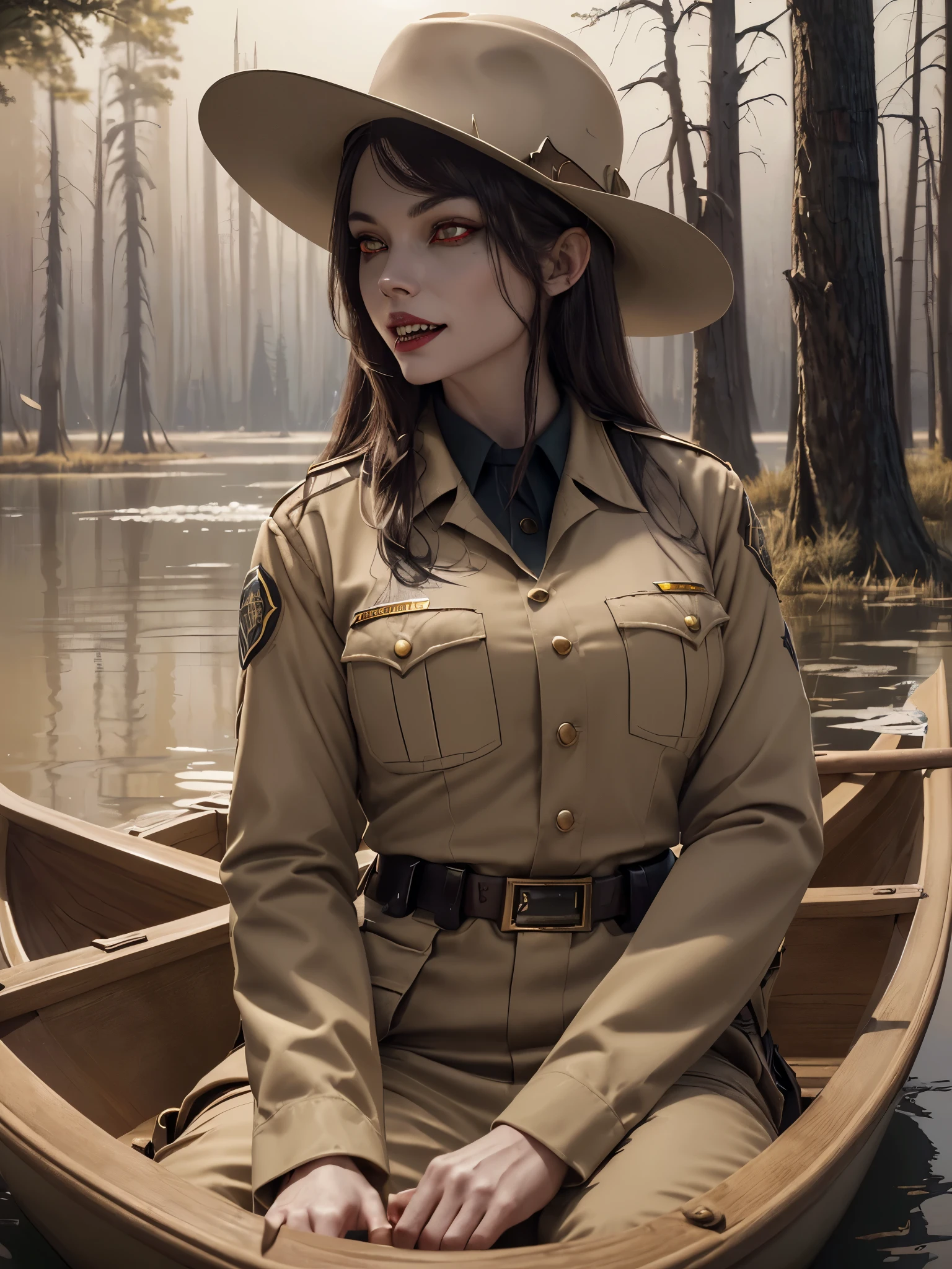 moonlight ((a deserted lake)) Vampire woman, (((red eyes and fangs))), pale skin, (((park ranger uniform, park ranger hat, beige National Park uniform)))), (open mouths, blood on mouths), (evil grins), looking at viewer, sitting in a canoe style of a painted book illustration, dramatic lighting, (depth of field), ((masterpiece)), ((best quality)), ((highly detailed)), horror theme
