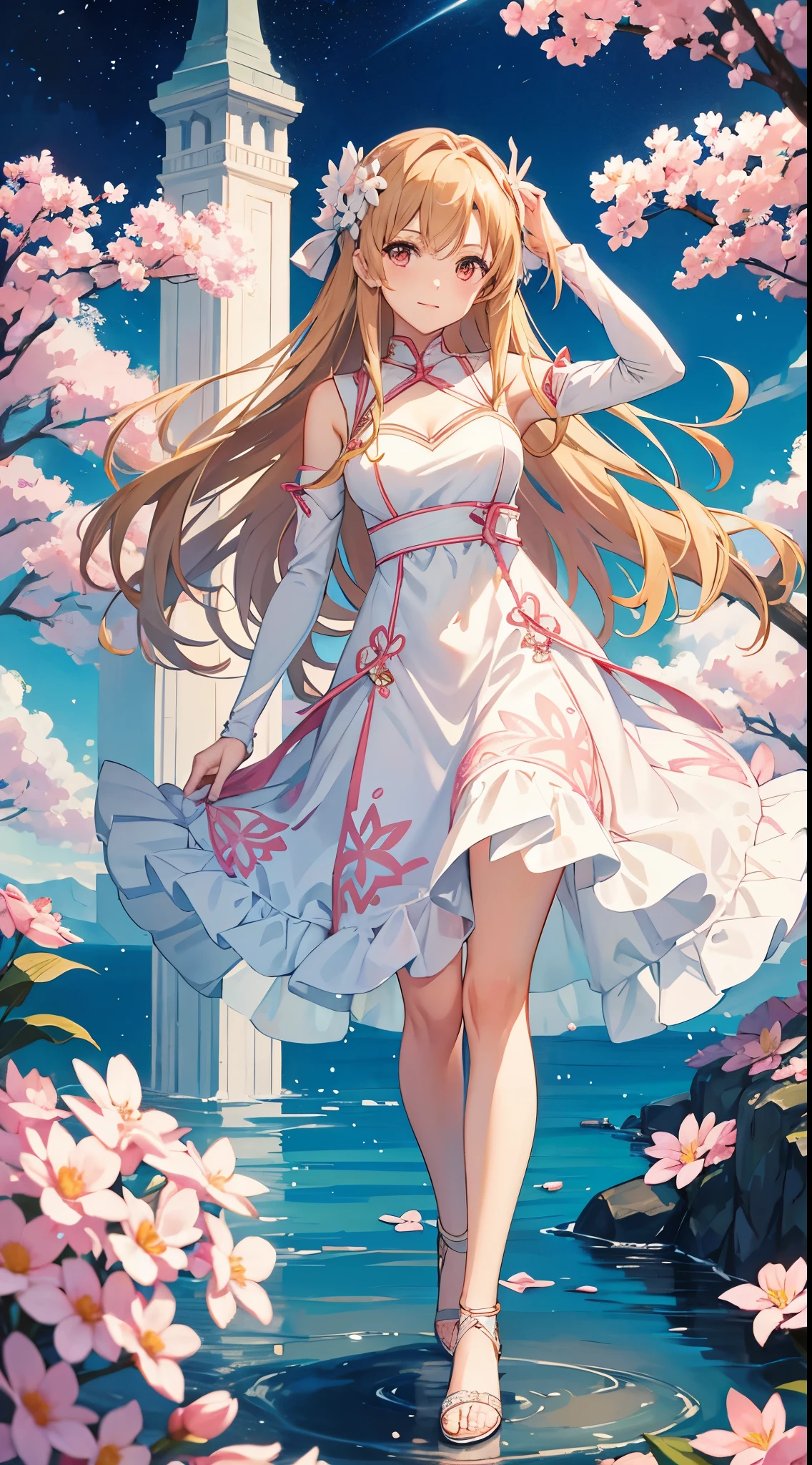 Asuna from Sword Art Online wearing a white pink flower patterned summer dress and high heels