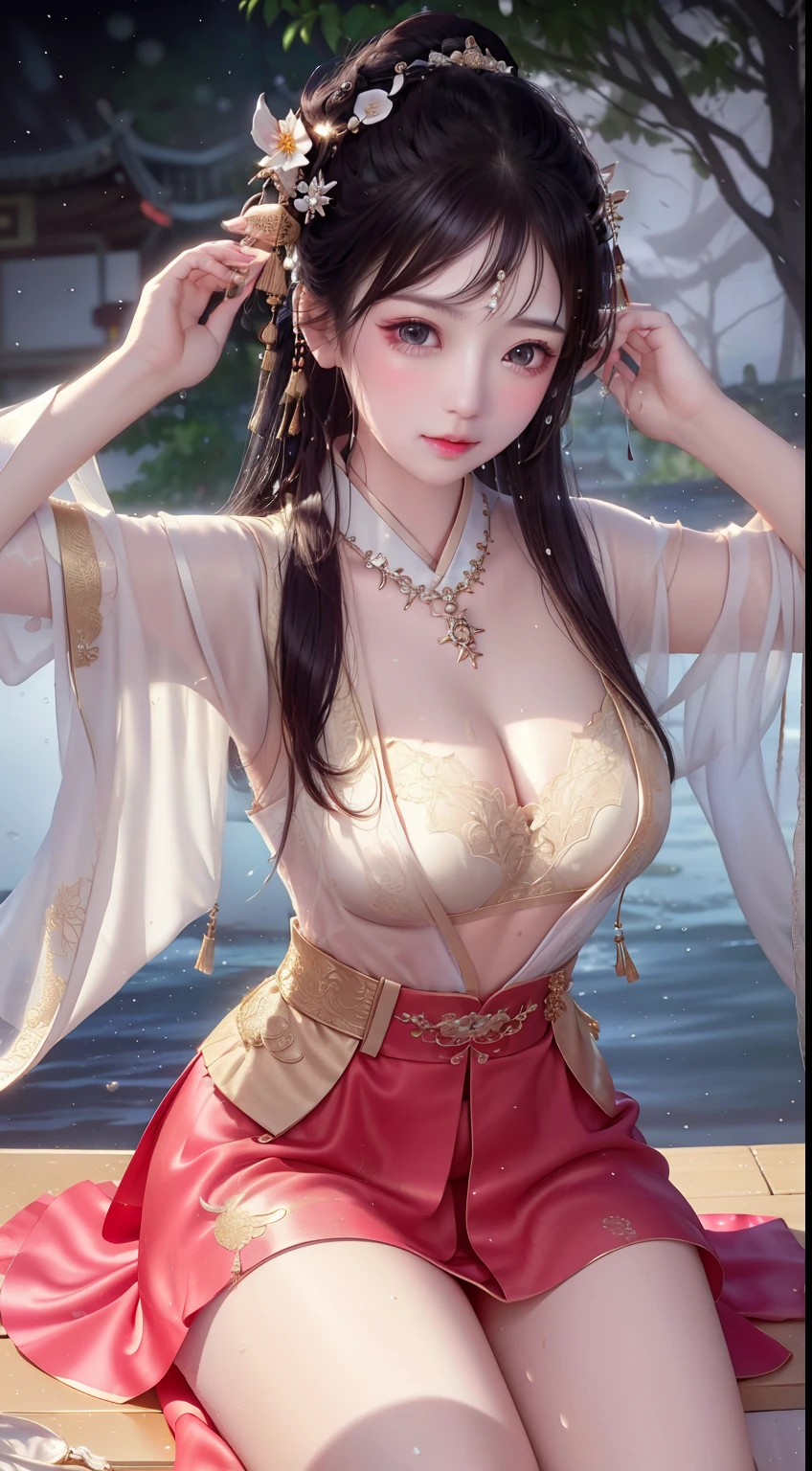 best quality, masterpiece, highres, 1girl 10 yearld old, china dress, hair ornament, necklace, jewelry, Beautiful face, upon_body, tyndall effect, photorealistic, dark studio, rim lighting, two tone lighting, (high detailed skin:1.2), 8k uhd, dslr, soft lighting, high quality, volumetric lighting, candid, Photograph, high resolution,, slightly squinted eyes, adjusting her hair, long eyelashes (long hair / very, very exaggerated big breasts _ tits / in hanfu chinese thin silk very wet body, thin cloth embossed pattern, short skirt), posing sit in front of the camera, very wet body, thin cloth embossed pattern), posing sit in front of the camera, wet throught skin, wet silk lace under wear throught skin, thin cloth embossed pattern detaild lace, ( throught bra silk pink )., Bokeh, explore breasts, open cheast