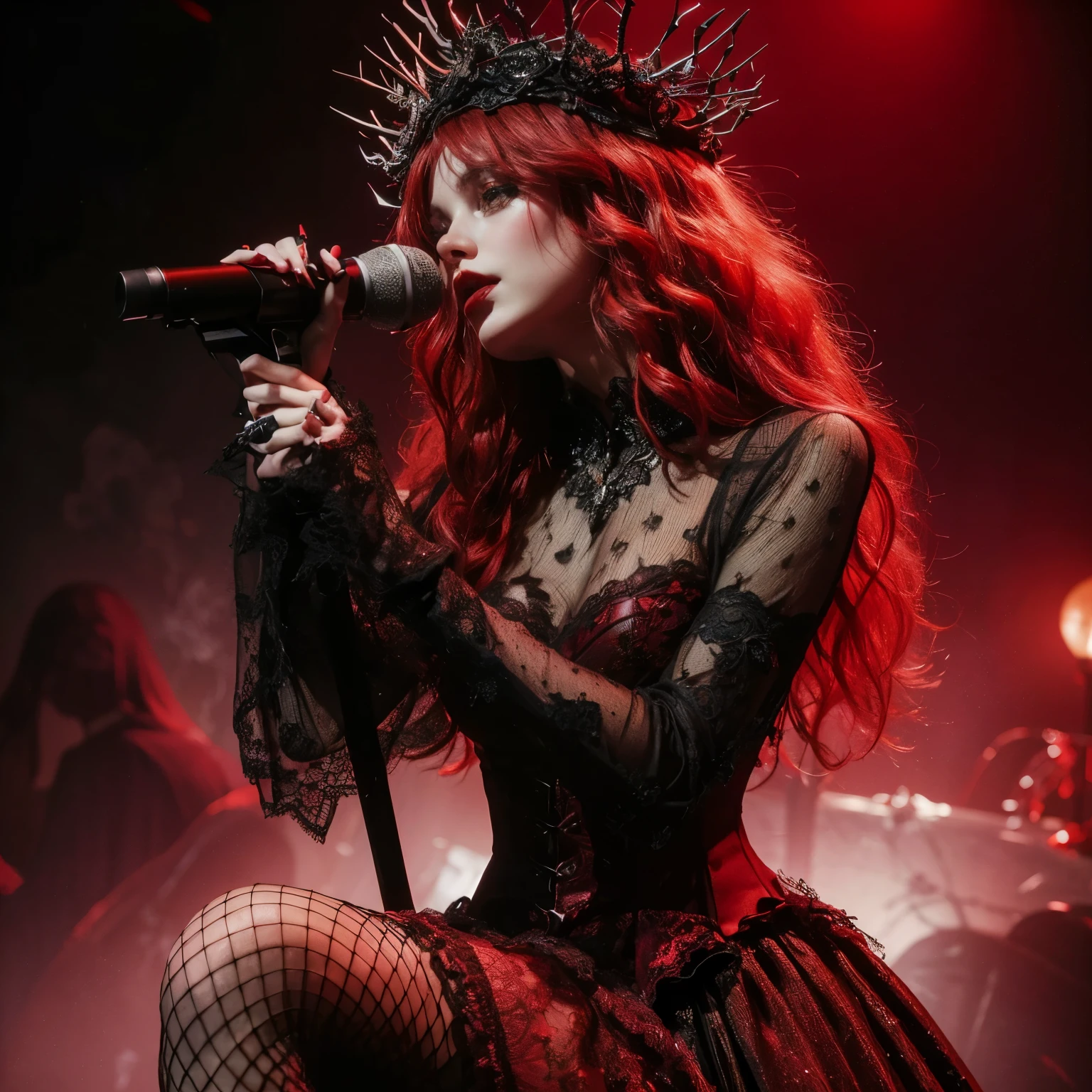 ((very sharp photo result & detailed face)) (((textile shading))), (((Best Quality))), (((masterpiece))) (((hyper realistic photo)) red tone mood, shade of a vocalist girl with thorn headband, long red wavy hair, attractive on stage hold a gothic ornament microphone, wear red gown with black lace, net stockings & boots, at dark stage performance red smoke on a night concert, band member as background, dark dramatic spotlight lamp on her, taken with hasselblad camera. HDR10 8K