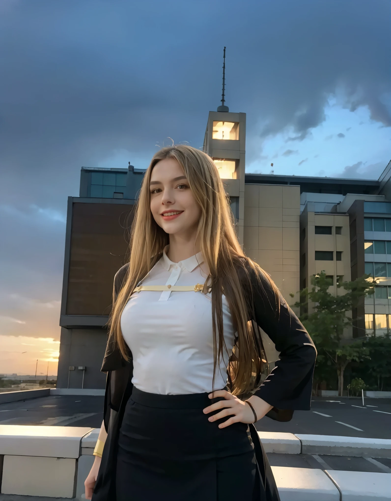 (best quality), high resolution, 8k, 1girl, standing position, asian, entire body photography, athletic, ((masterpiece)), ((highres)), ((detailed background)), natural lighting, sunset, miyo, blonde hair, brown eyes, ascot, uniform, black skirt, cross, ribbon, emerald, beret, cape, pantyhose, constituir, Volumetric lighting, detalles intrincados, mapeo de tonos, sharp focus, hiper detallado, tendencia en artstation, hospital background, detailed background, Realista, joyful expression, laughing strongly, vista frontal, centered photo, perfectly drawn hands