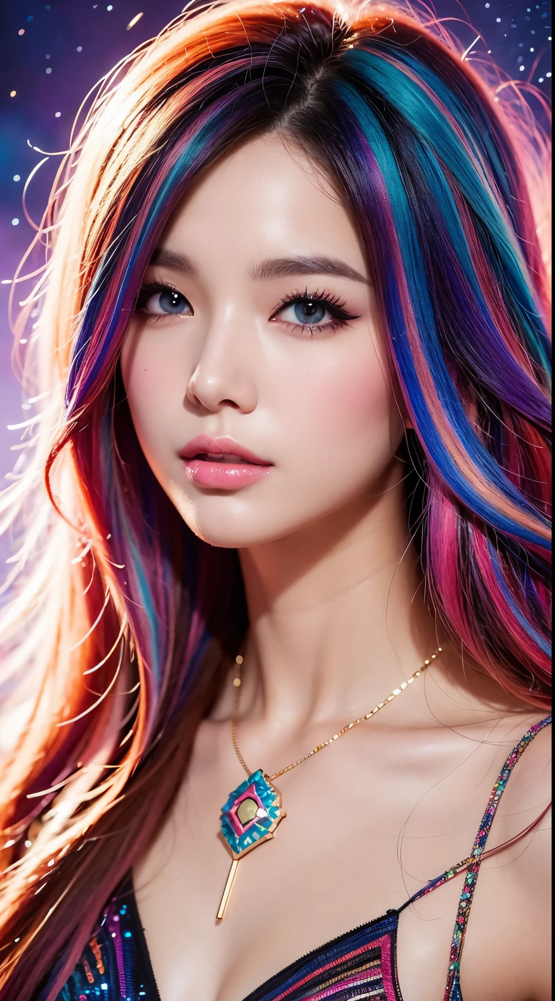 a close up of a woman with rich and colorful hair and a necklace, Cosmic hair anime girl, Rose draws pastel vibrant, guweiz style artwork, fantasy art style, rich and colorful]”, Vibrant fantasy style, rossdraws cartoon vibrant, cosmic and rich and colorful, guweiz, rich and colorfull digital fantasy art, Stunning art style, Beautiful anime style