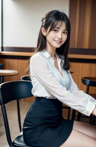 (8k, raw photo, best quality, masterpiece:1.2), (realistic, photo realistic:1.37),perfect anatomy,
Japanese woman,black hair,27 years old,
(slender),
(small breasts),
nsfw,(pubic hair:1.5),(open_pussy:1.3),
smiling, sitting, looking at viewer, half updo, (white blouse, dark blue business suit, dark blue skirt:1.3,), in the cafe, with a chair, front view, low angle shot