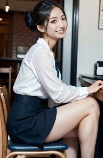 (8k, raw photo, best quality, masterpiece:1.2), (realistic, photo realistic:1.37),perfect anatomy,
Japanese woman,black hair,27 years old,
(slender),
(small breasts),
nsfw,(pubic hair:1.5),(open_pussy:1.3),
smiling, sitting, looking at viewer, half updo, (white blouse, dark blue business suit, dark blue skirt:1.3,), in the cafe, with a chair, front view, low angle shot