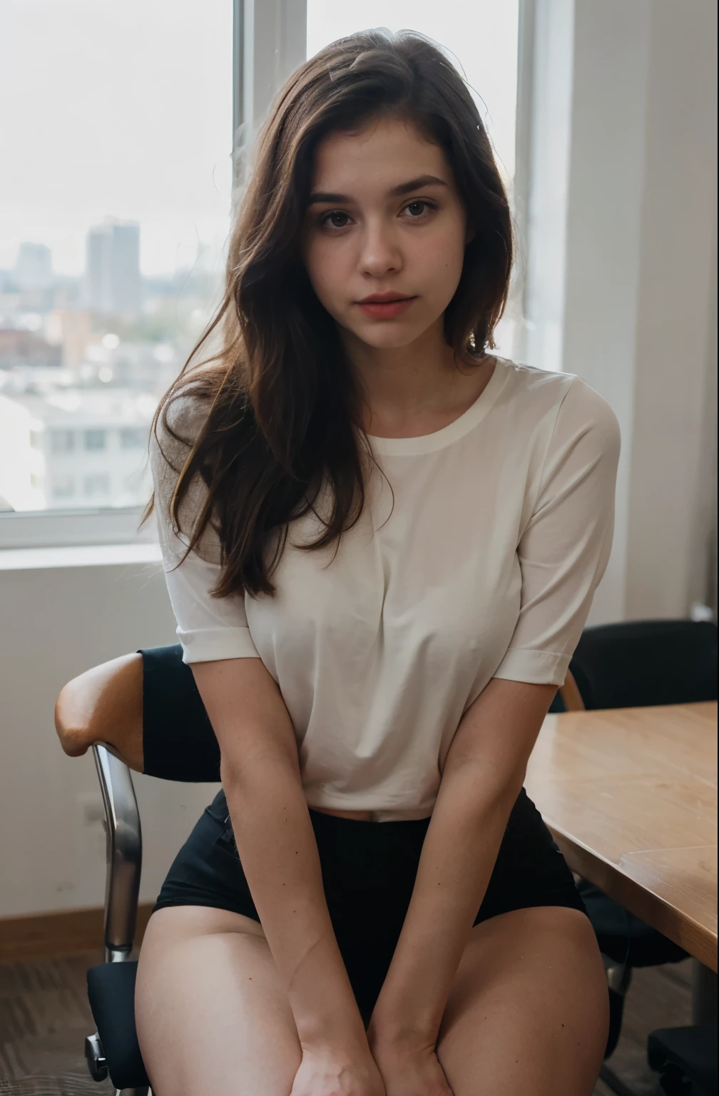 a photo of a beautiful woman, 21 years old, long beautiful hairs, dark brown hair, grey eyes, sitting at a table in a conference room, leaning back on her chair, full body, wearing white blouse with rolled up sleeves, wearing tight BLACK chino pants, the table is in the foreground, her legs are visible, the view is from 45 degrees from the side from the front, looking in the camera, red lipstic, natural light coomming from a window, there is a wann behind her, backgorund blurred, cinematic lighting, motion blur, film grain, very detailed, 30 years, dark brown eyes, high-res, masterpiece, best quality, intricate details, highly detailed, sharp focus, detailed skin, realistic skin texture, texture, detailed eyes, professional, 4k, 85mm, shallow depth of field, perfect fit body, extremely detailed, photo_\(ultra\), photorealistic, realistic, post-processing, maximum detail, roughness, real life, ultra realistic, photorealism, photography, 8k uhd, photography (grain of film) medium shot for closeup shot, longer slimer face, perfect face, HANDS ARE HIDDEN, natural legs, wearing tights, natural arms, middle size breast, charming deep eyes, flirty look, long hair, beautiful succubus, clean shaved, (Derevschikova:1.5), yum, beautiful alluring , perfect nose, ultra beautiful, with her long, perfect beautiful, deep shafts, realistic , epic beautiful, big dd breasts, 8k, fuji xt3, teasing, sap, cherub, keyhole, teasing, not cropped, premium
