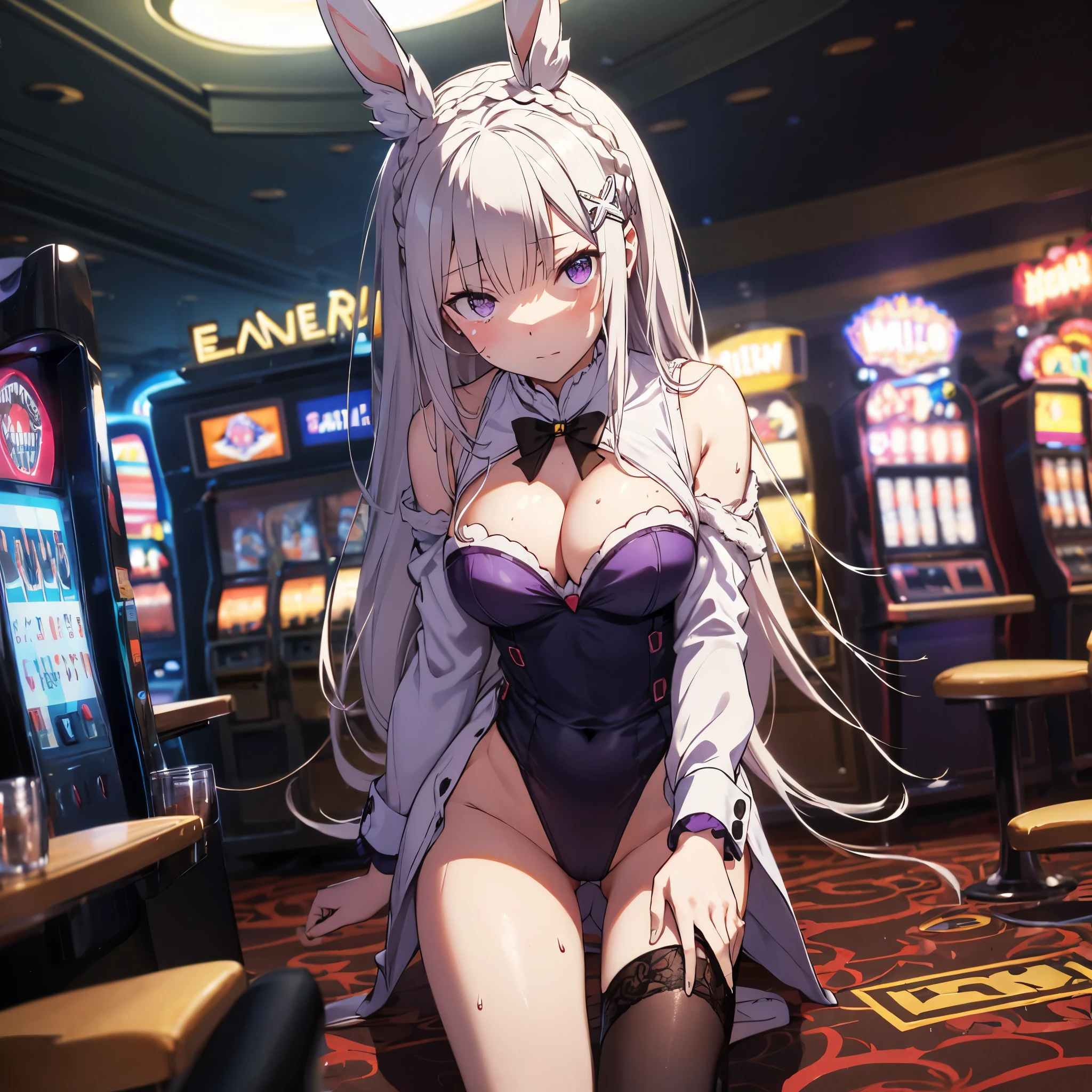 Bunny girl in the casino，emilia, Emilia re:zero, white hair, crown braid, purple eyes, hair ornament, Clamp your legs，There is a  on the body，Milk flows from the breast，Wear restraints，The skin is covered with dark fur，furred，rabbitears，Fluffy tail，long whitr hair，whaite hair，Wide buttock，sweat leggs，humidity，Flush 