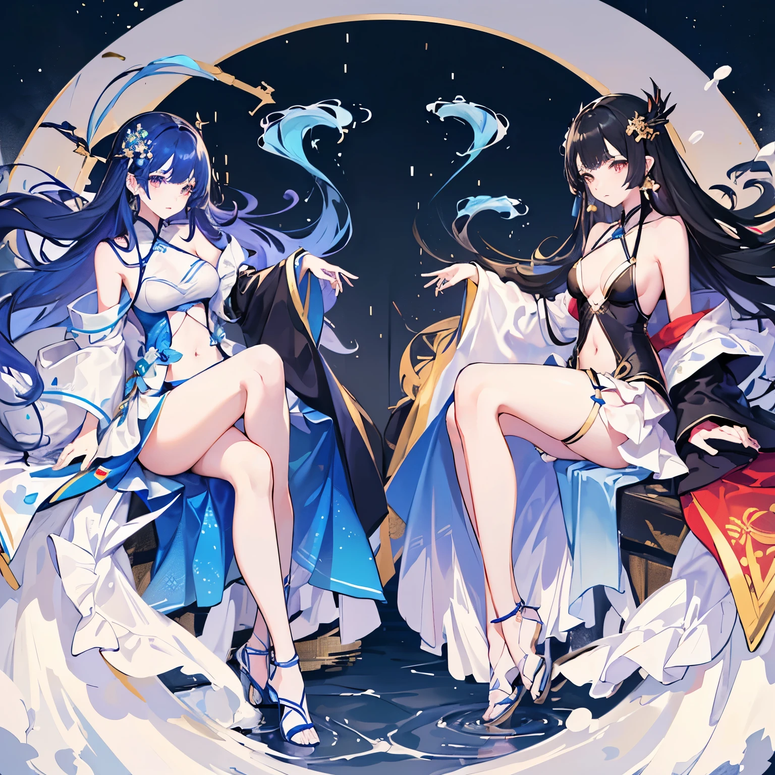 Hanfu(swimming suit），full body portrait，light wing earrings，long black hair，Blue hair ends are dyed，Center parted bangs，High heel，There are gorgeous wave patterns on the clothes，Gorgeous water splash skirt，Intricate costume details，Complex ornaments，Navel exposed，two girls，interactive