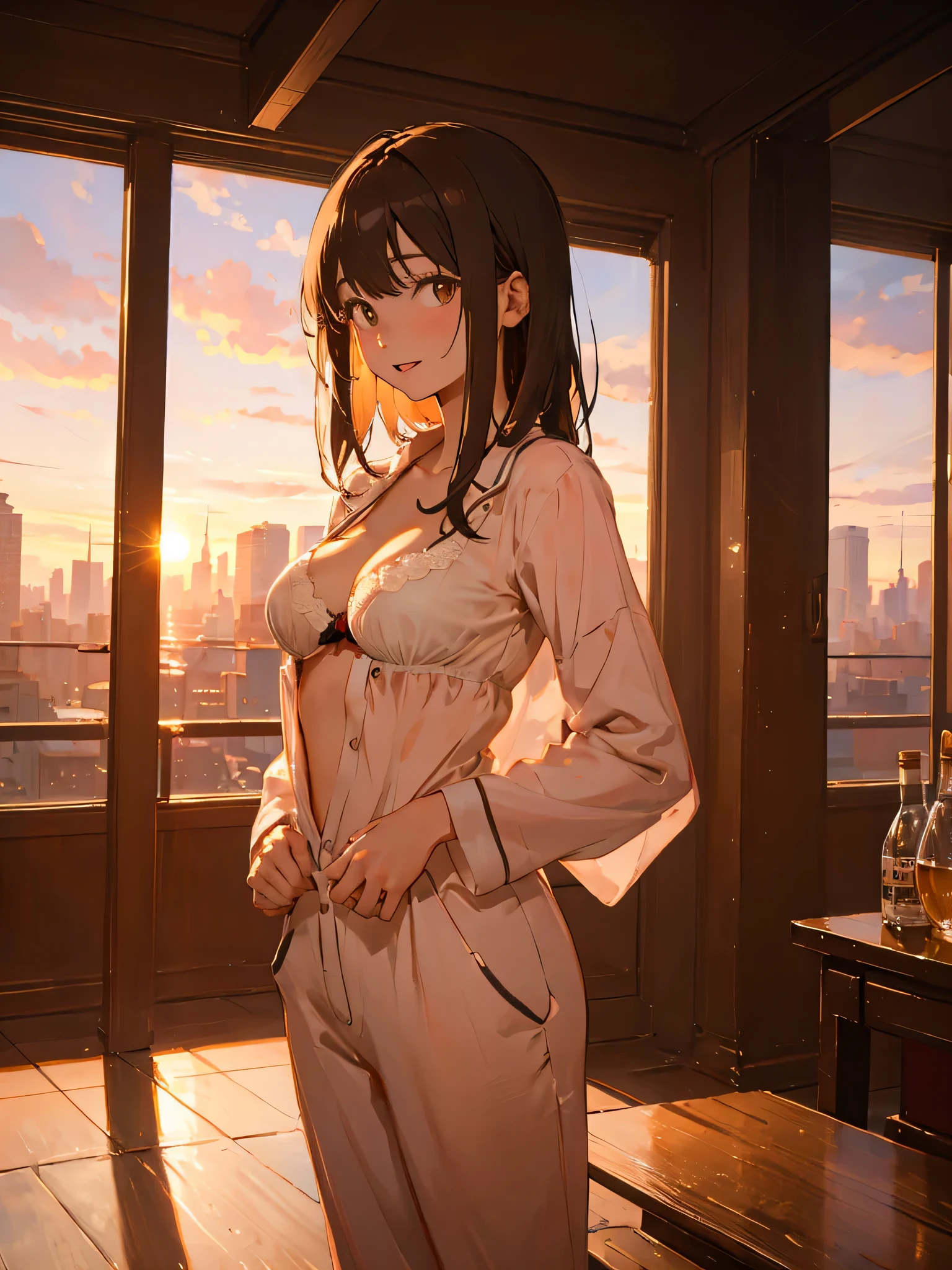 masterpiece, highest quality, (attractive woman), 28 years old, medium length hair, straight hair, bangs, model, big breasts, brown eyes, Happy, pajamas, indoor, sunset, erect bra