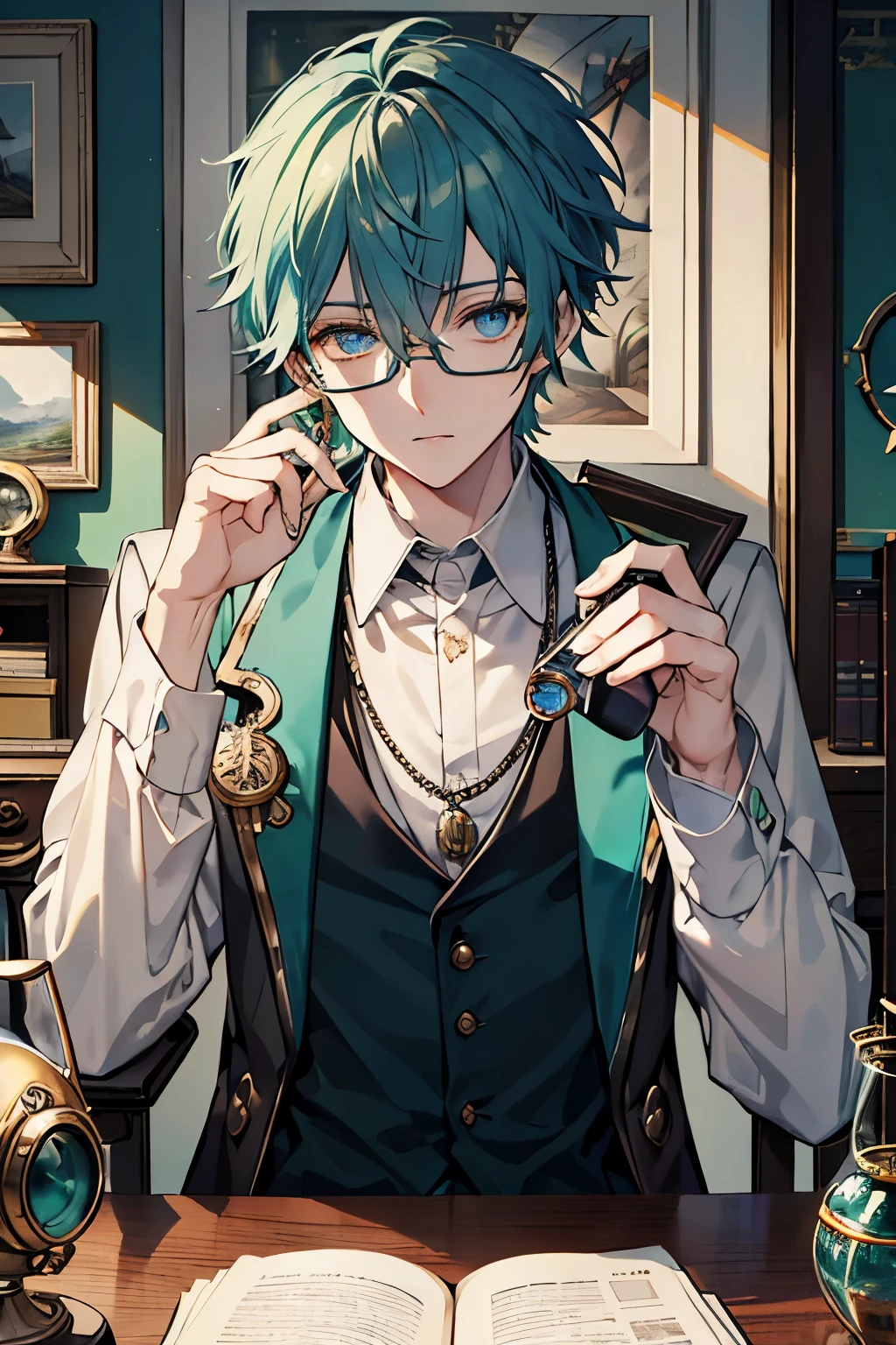 male deep green hair blue eyes one person Glasses alchemist Reading a book at a desk study flask steampunk magic tool cool masterpiece Highest image quality noise removal clear parts cinematic shadow Increases the attractiveness of the eyes clear parts the shine of the eyes draw eyelashes neatly perfect eyes detailed eyes sharpen image quality sharpen eye writing clear parts eye shape