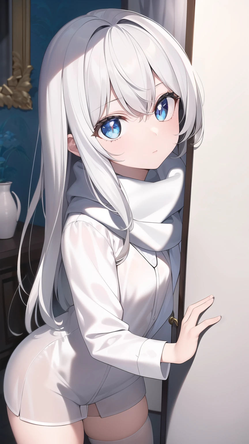 ((masterpiece, best quality))++, Detail lights+,  detail hair+, Detail hand+ ,1 girl, Honey, long gray hair,   dark blue eyes,  beautiful eyes, Young gray hair,,(beautiful white hair:1.5),(beautiful eyes),    high resolution+,   black stockings  ， a white pajamas, Glass tones, Reflective eyeanyery detail wallpaper, The original, ,scarf，