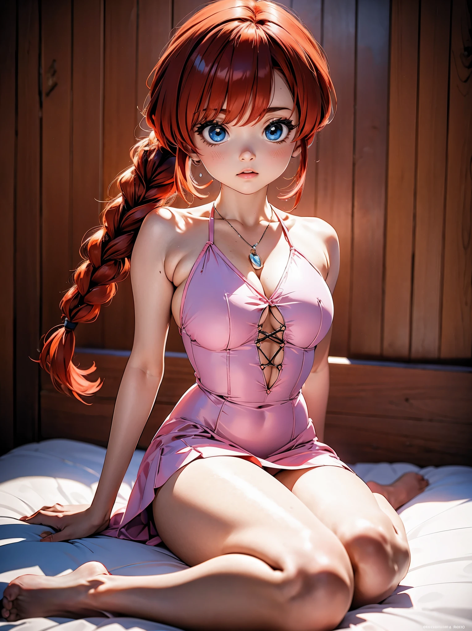 Garota anime ruiva com vestido longo pink com desenho de rosas casamento, saia, *******, corpo bonito, seios grandes, with hands behind head, running your hands through your hair, Garota sexy, red hair with braid , beautiful lighting, sombras suaves, olhos azuis, pernas bonitas, hair with braid, estilo anime, Ranma Chan, Autora Rumiko Takahashi, Baseado em obra de Rumiko Takahashi, Anime Ranma 1/ 2, decote sexy, quadril robusto, corpo inteiro, corpo inteiro, busto grande, garota jovem com corpo belo e bonito, sandals on his feet, garota ******* jovem baixa estatura, usando vestido longo pink com desenhos de rosas, estampa florida, vestido com arte florida de rosas, garota anime, estilo anime, beautiful feet in sandals, 45° viewing angle, ao ar livre, vestido com estampa florida rosas, vestido estampado flor rosa