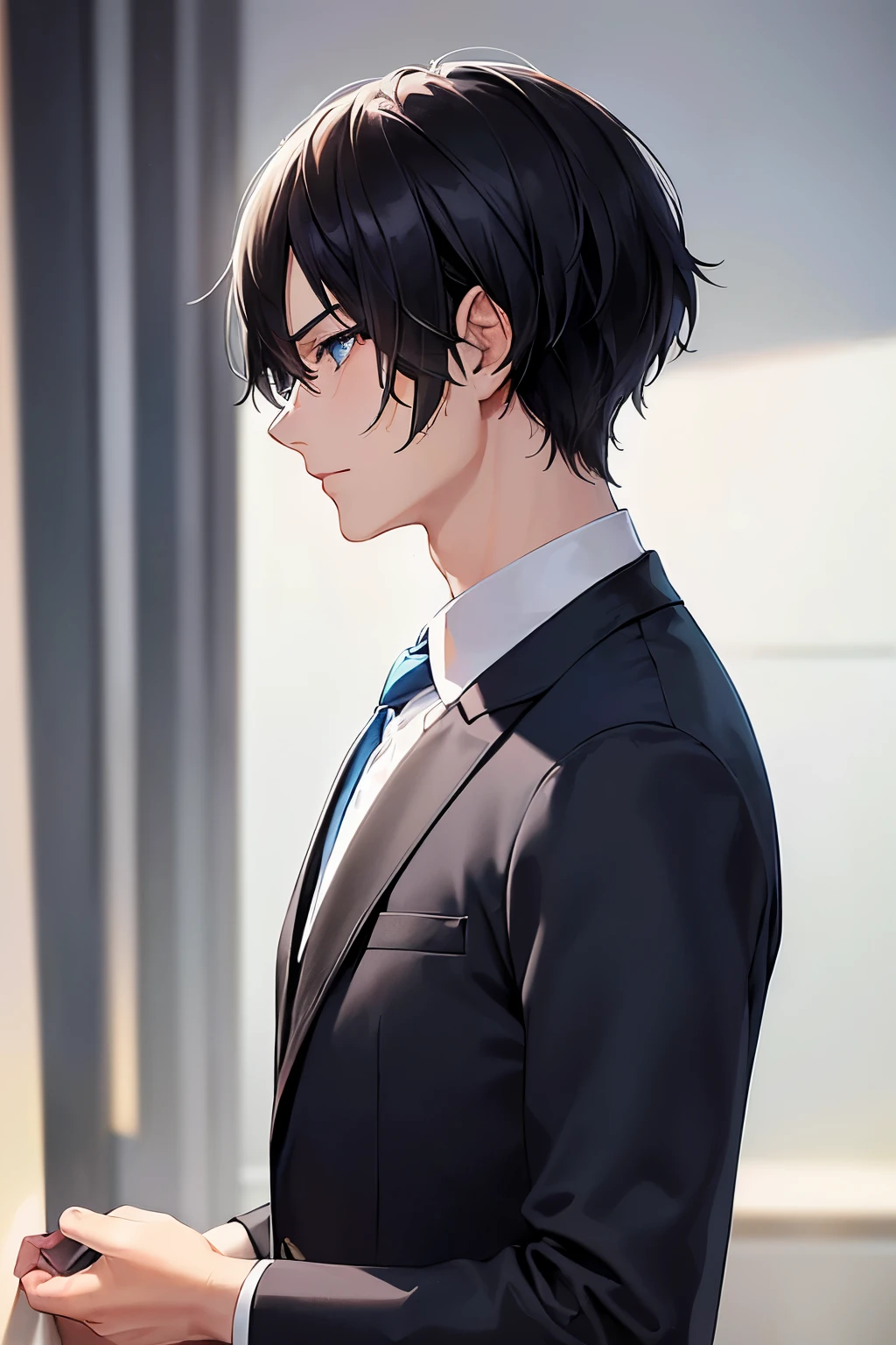 highest quality、masterpiece、((short black hair、A 30-year-old young man with light blue eyes))、((I'm not feeling well、anxiety))、dark blue business suit、blue tie、daytime office、profile、Angle from the side、shot from the side、Horizontal composition、