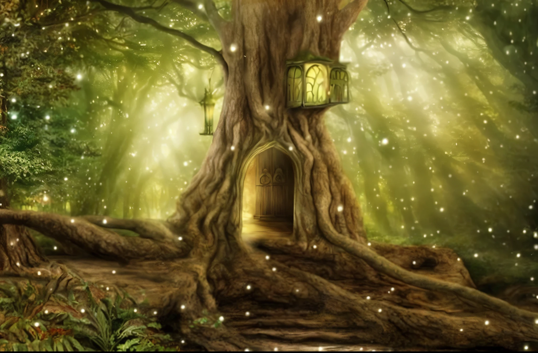 Close-up of a tree with a door, enchanted Enchanted Jungle, enchanted forest backround, enchanted forest, magic fairy forest, Warm and charming scene, magical environment, Enchanted Jungle, magic tree, fairy forest, Immortal Palace, magic tree, fairy tale kingdom forest, enchanted forest, Magical fairy tale background, fairy forest, enchanted forest, large magic trees