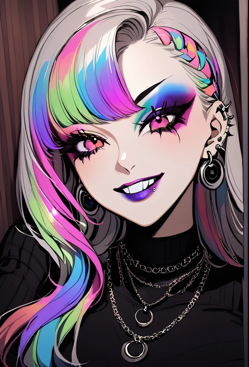 1girl, Holo-Punk Style, rainbow hair, earrings, eyelashes, grin, indoors, jewelry, lips, makeup, necklace, goth