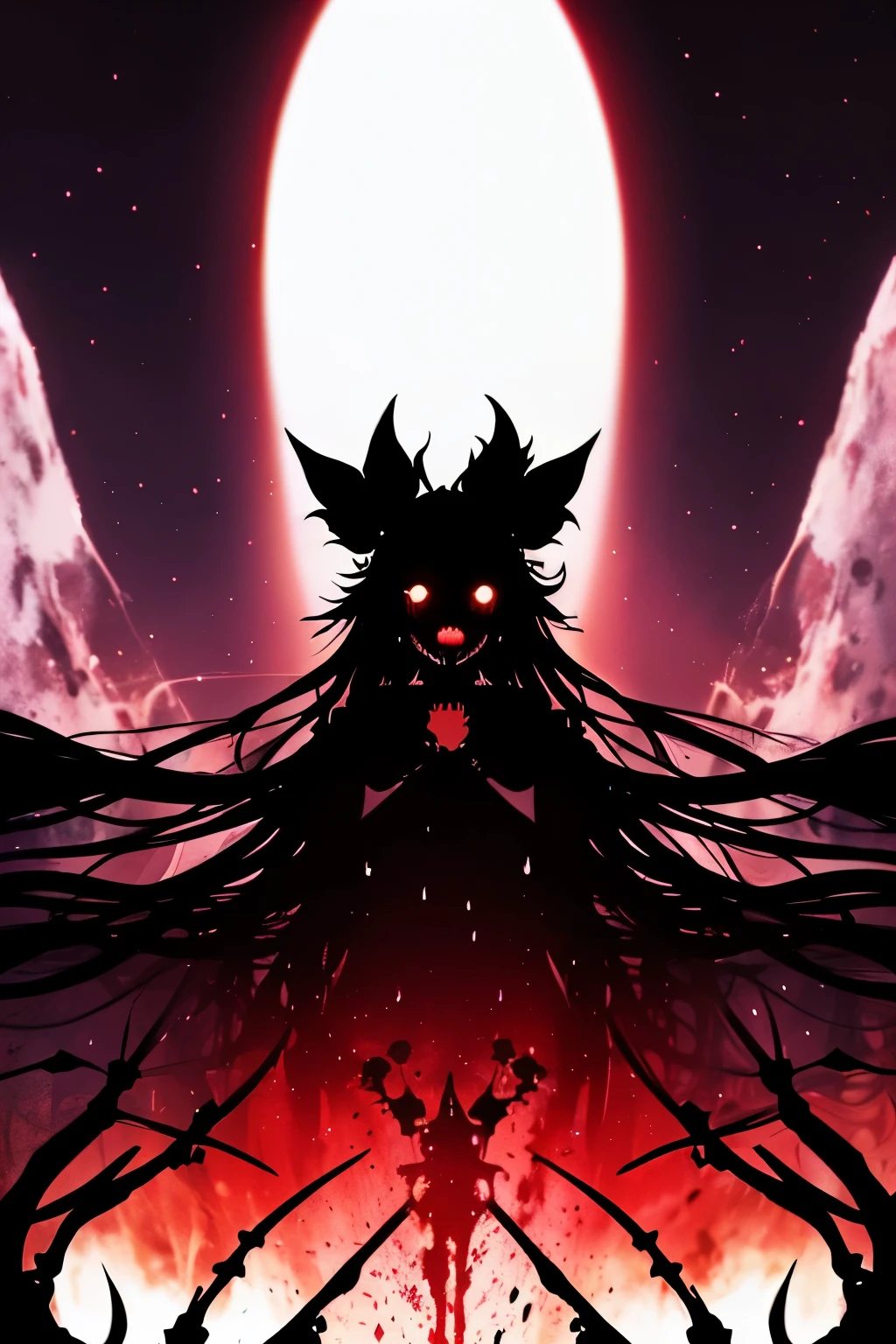 (The whole body is a shadow),(black skin)1girl,screaming expression,long hairstyles,red eyes,gothic ta,wild hair,darkness falls,revenge,hell,hatred,((tears of blood:1.2)),Dark world,despair