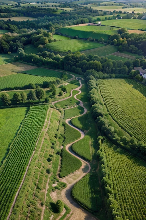 ...A beautiful and detailed aerial view of a tranquil farmland with a cobblestone pathway weaving among the verdant greens and golden fields. The scene is rendered in a rich and vibrant color palette, with the sun casting long, warm shadows over the rolling hills, enhancing the realism of the serene landscape.