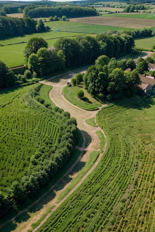 ...A beautiful and detailed aerial view of a tranquil farmland with a cobblestone pathway weaving among the verdant greens and golden fields. The scene is rendered in a rich and vibrant color palette, with the sun casting long, warm shadows over the rolling hills, enhancing the realism of the serene landscape.