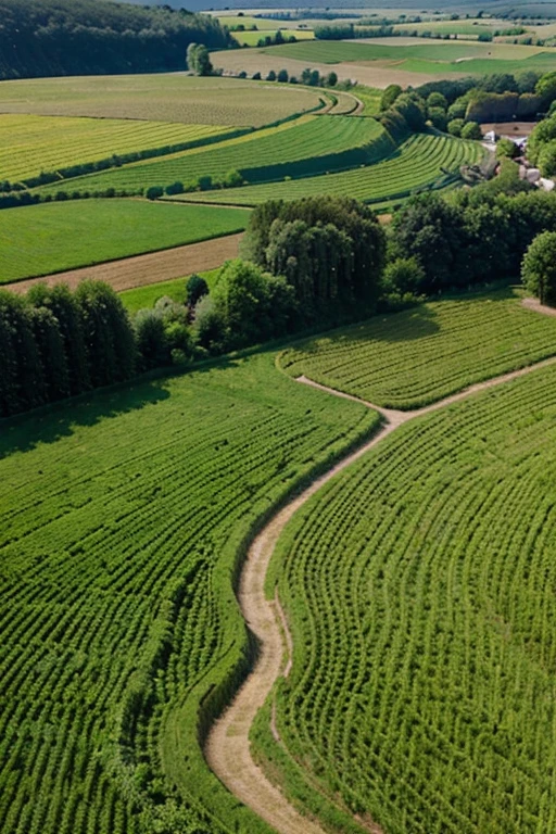 ...A beautiful and detailed aerial view of a tranquil farmland with a cobblestone pathway weaving among the verdant greens and golden fields. The scene is rendered in a rich and vibrant color palette, with the sun casting long, warm shadows over the rolling hills, enhancing the realism of the serene landscape.