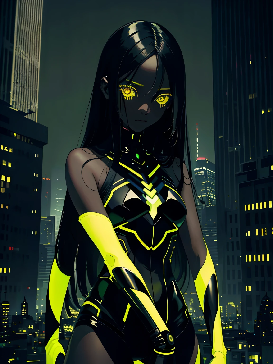 ((art in dark modern world)), knee length portrait, beautiful insect girl, black smooth skin, dark black skin, dark skin, yellow glowing eyes, very long hair, ((black dividing lines on body)), in the middle of skyscrapers, green steel palette, faint white light, highly detailed art, extremely detailed background