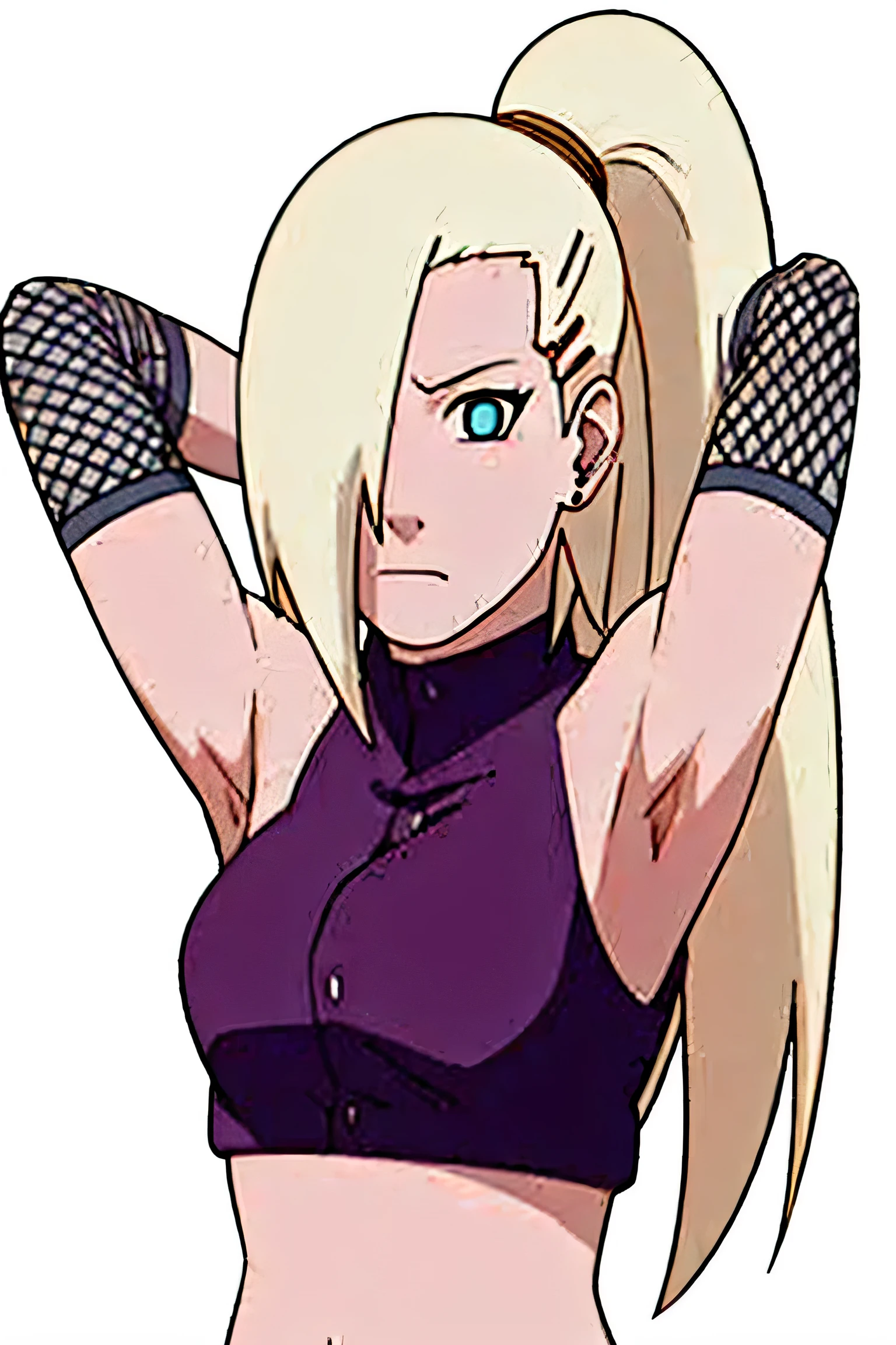 ino yamanaka, ino shippuden, armpits, showing armpits, arms behind head, posing, hair over one eye, high ponytail, blue eyes, masterpiece, solo, 1girl, sleeveless, purple crop top, fishnets, bare shoulders, upper body, looking_at_viewer