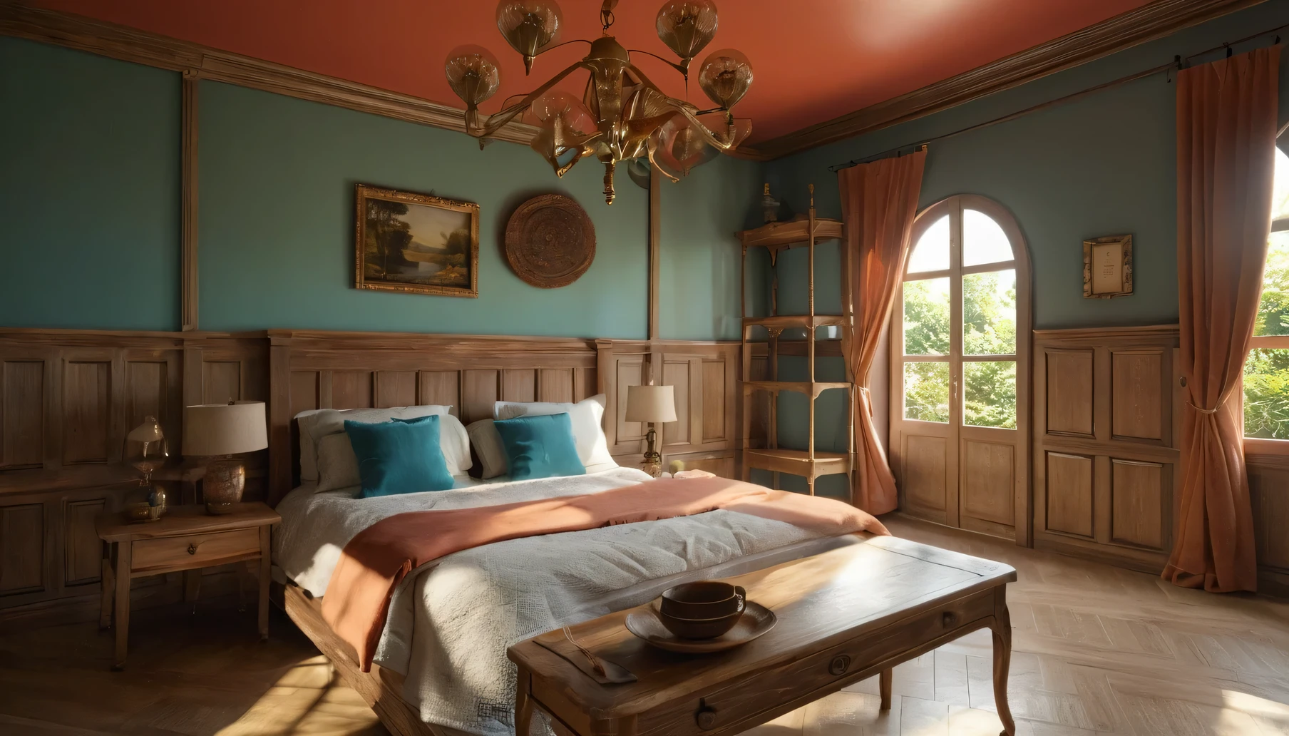 Raw photo,Masterpiece, high quality, best quality, authentic, super detail, interior, indoors, of a bedroom with a bed and a table, (daylight:1.1), vivid colour, (realistic:1.2),