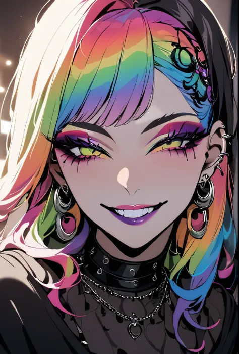 1girl, holo-punk style, rainbow hair, earrings, eyelashes, grin, indoors, jewelry, lips, makeup, necklace, goth, masterpiece, be...