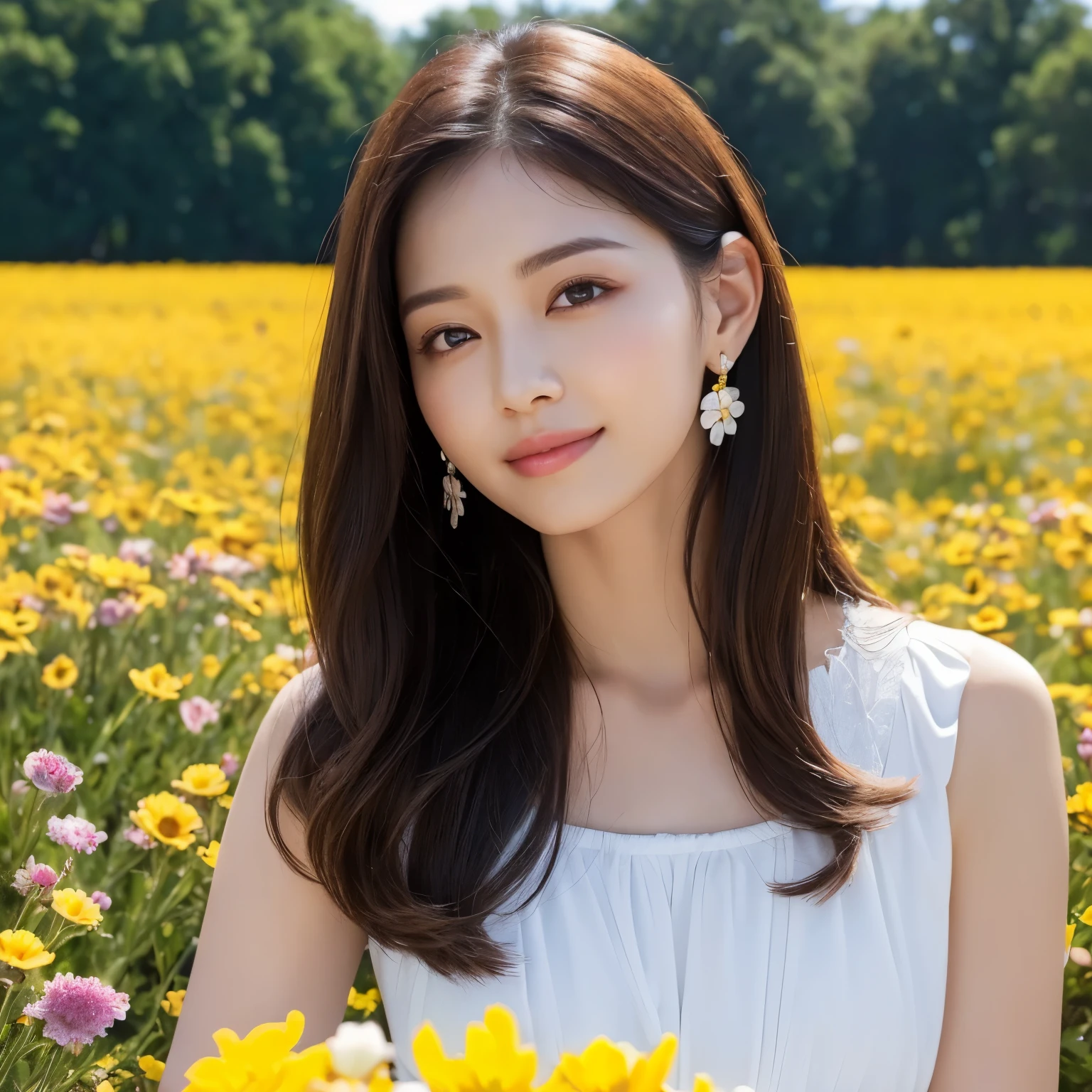 (table top、highest quality、8k、Award-winning work、ultra high resolution)、one mature woman、(solo:1.2)、(The most classy and beautiful spring clothes:1.1)、(Flower field background with countless flowers:1.1)、(The background is a colorful flower field:1.1)、(perfect anatomy:1.1)、close up of face、Lustrous and beautiful hair、Super high-definition sparkling brown eyes、(Shiny and beautiful skin:1.1)、(Beautiful skin that is extremely brightly illuminated:1.1)、beautiful glossy lips、the most romantic love mood(very bright and vivid:1.1)、(very bright and vivid:1.1)、epic movie lighting