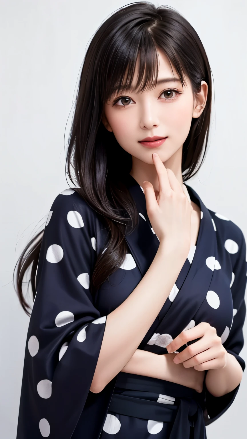 (highest quality、8k、32K、masterpiece、nffsw:1.2)、(RAW photo)、(realistic)、(Photoreal:1.2)、(High resolution)、Super detailed、very beautiful face and eyes、1 girl、round and small face、thin waist、delicate body、(close、highest quality、high detail、rich skin details)、(highest quality、8k、oil paint:1.2)、Super detailed、(realistic、realistic:1.37)、(((touch my mouth)))、(((Bewitching atmosphere)))、(((laughter)))、(((white background)))、((long hair))、(((pure white wall background)))、(((She is wearing a purple polka dot yukata)))、(((pure white wall background)))、(((Light purple yukata)))、(((Dot pattern yukata)))、(((loose and fluffy permed hair)))、(((大laughterしています)))、(((touch your chin with your hand)))、