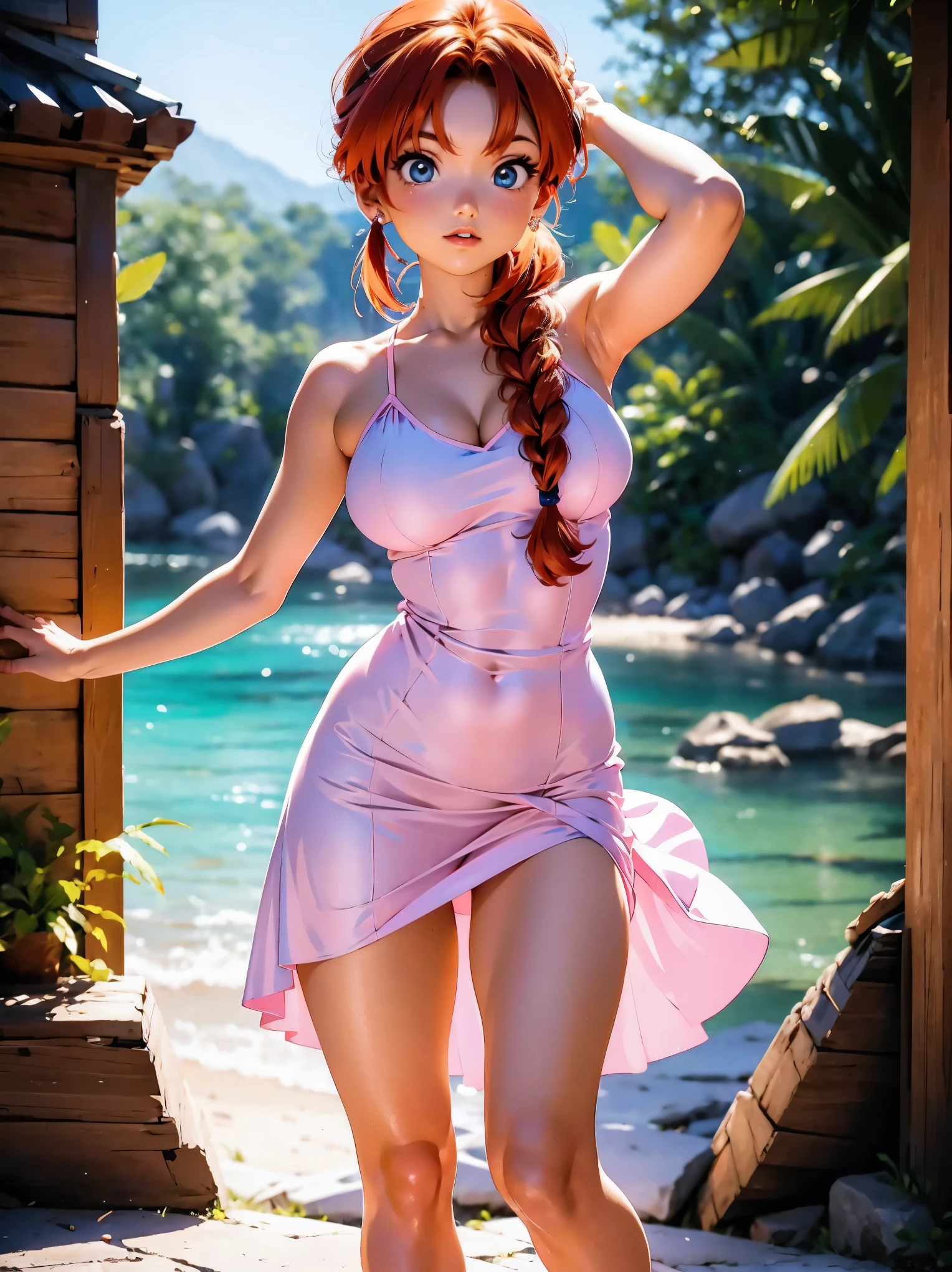 Garota anime ruiva com vestido longo pink com desenho de rosas casamento, saia, 16 anos, corpo bonito, seios grandes, with hands behind head, running your hands through your hair, Garota sexy, red hair with braid , beautiful lighting, sombras suaves, olhos azuis, pernas bonitas, hair with braid, estilo anime, Ranma Chan, Autora Rumiko Takahashi, Baseado em obra de Rumiko Takahashi, Anime Ranma 1/ 2, decote sexy, quadril robusto, corpo inteiro, corpo inteiro, busto grande, garota jovem com corpo belo e bonito, sandals on his feet, garota 16 anos jovem baixa estatura, usando vestido longo pink com desenhos de rosas, estampa florida, vestido com arte florida de rosas, garota anime, estilo anime, beautiful feet in sandals, 45° viewing angle, ao ar livre, vestido com estampa florida rosas, vestido estampado flor rosa, corpo inteiro, corpo completo