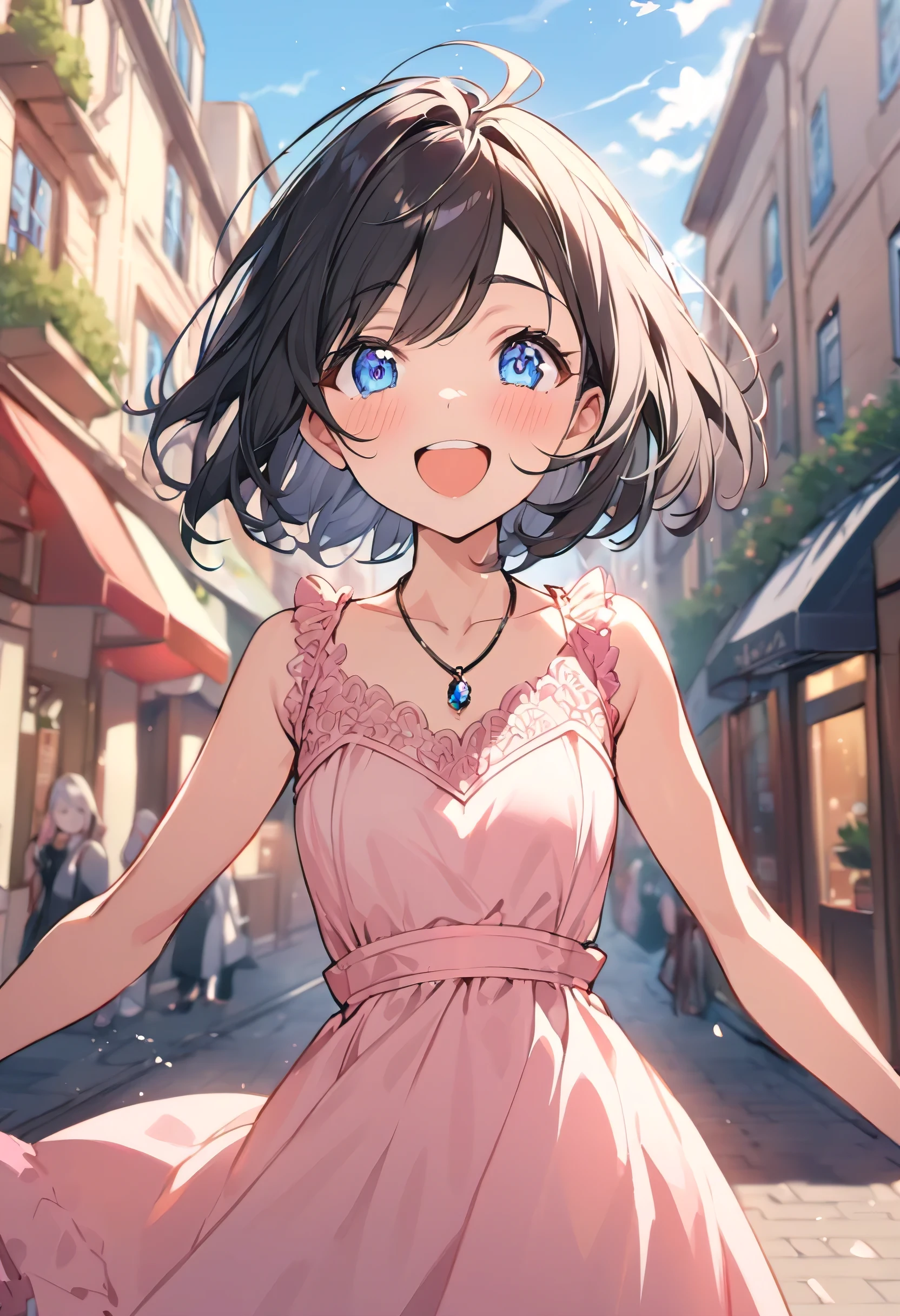 (woman): alone, (perfect face), (detailed costume), (20-year-old),(droopy eyes), cute woman, Excited, (happy expression), black hair, (short hair), blue eyes, white skin, Medium chest_circumference, (pink dress, No sleeve), (meanwhile), (background): outdoors, (Street Snapshots), (blue sky), afternoon, Sunny (effect): (highest quality), (sharp focus), (Depth of the bounds written), (High resolution)