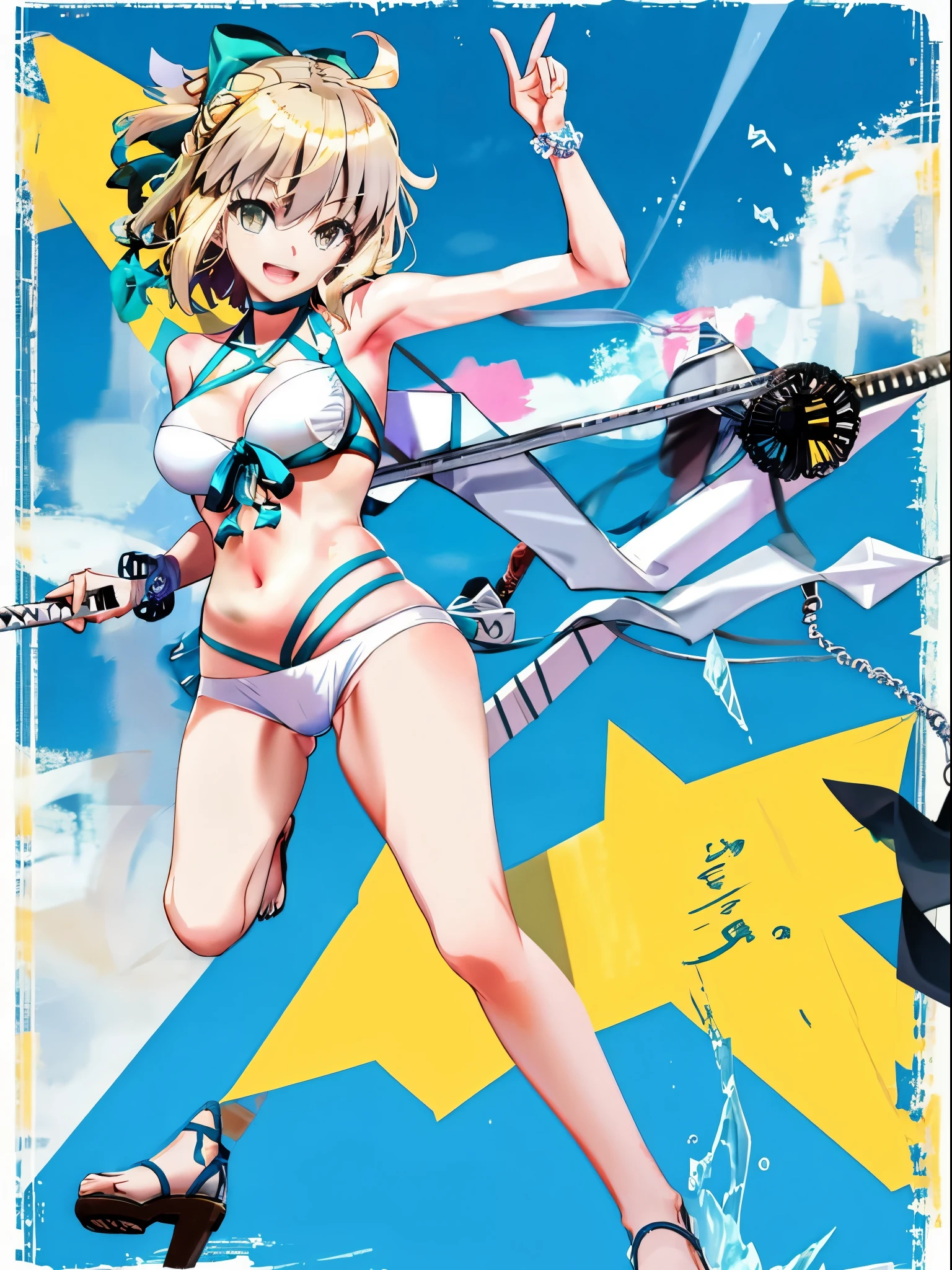 1girl, okita_souji \(fate\), smile,open_mouth, swimsuit, white bikini, side-tie bikini_bottom, armpits, wristband, large_breasts, harbor_background, blonde_ponytail,apart_legs,dynamic_posing,happy,solo,XD,arms,knees,sandals,medium_thighs,