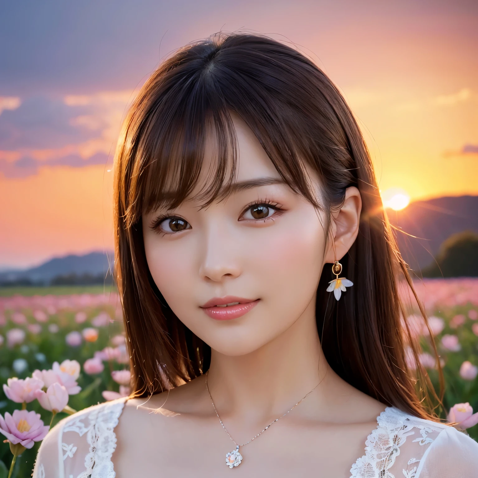 (table top、highest quality、8k、Award-winning work、ultra high resolution)、(one mature woman:1.1)、 (Beautiful at 40 years old:1.1)、(The most classy and beautiful spring clothes:1.1)、(Flower field background with countless flowers:1.1)、(The background is a colorful flower field:1.1)、(perfect anatomy:1.1)、close up of face、Lustrous and beautiful hair、Super high-definition sparkling brown eyes、(Shiny and beautiful skin:1.1)、(Beautiful skin that is extremely brightly illuminated:1.1)、beautiful glossy lips、the most romantic love mood(very bright and vivid:1.1)、(very bright and vivid:1.1)、(romantic and fantastic sunset:1.1)、epic movie lighting