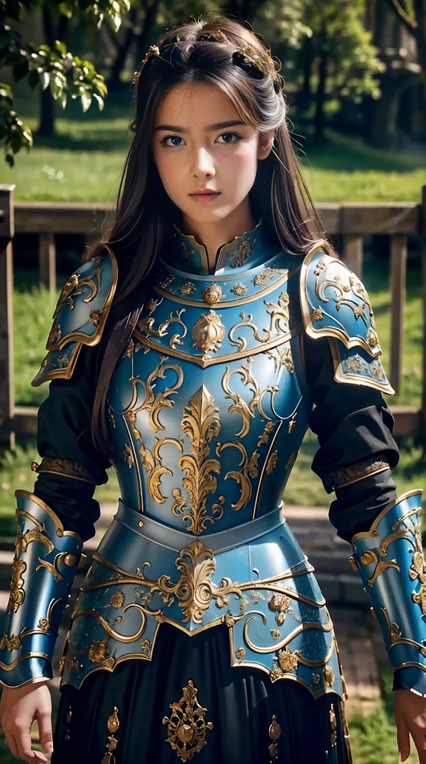 Masterpiece, cinematic landscape, best quality, baroque, realistic, most beautiful woman, long hair, blue eyes, beautiful curves, blue roman medieval armor, worn armor, upper body, looking at the viewer, open field, battlefield