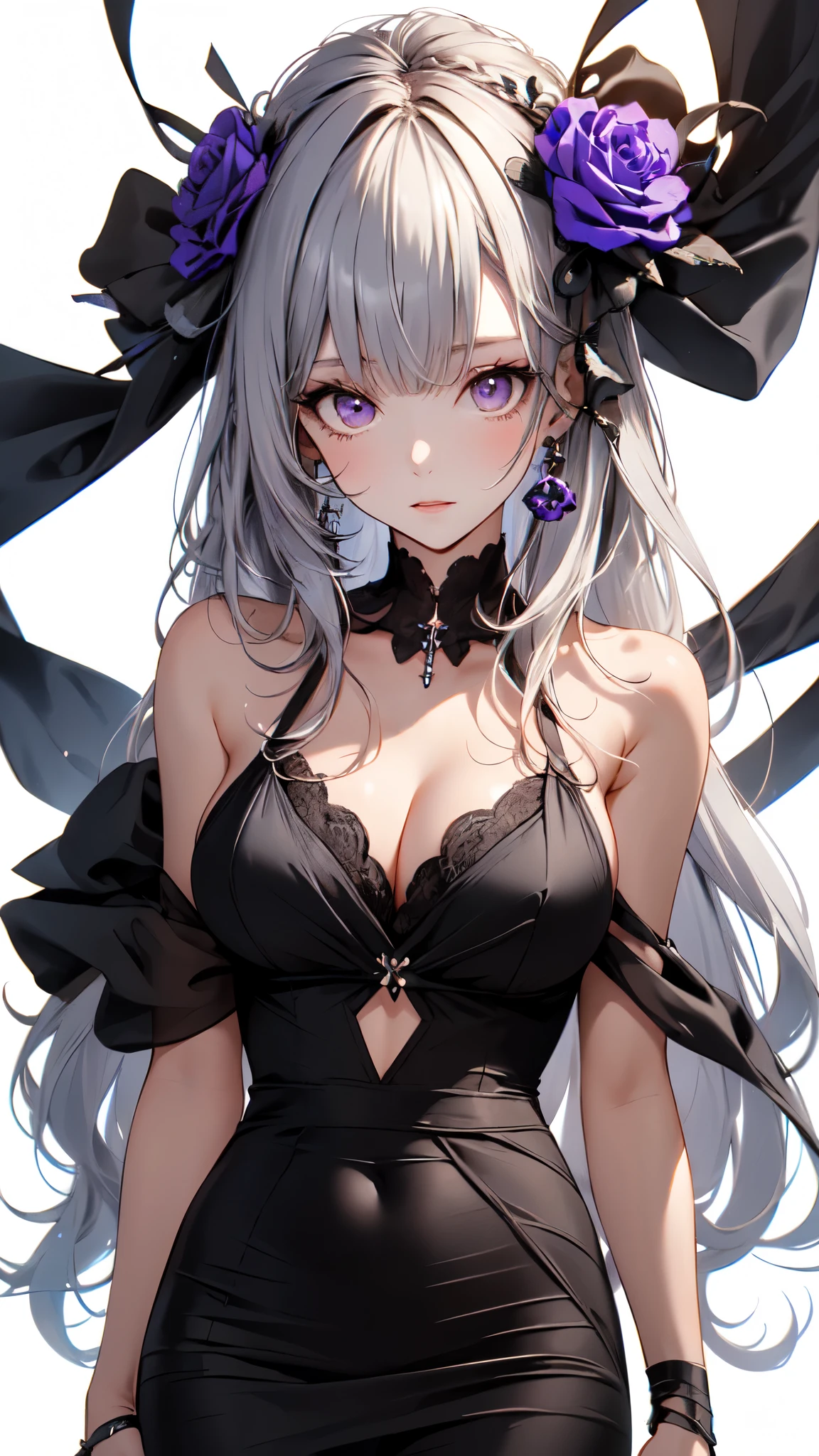 (masterpiece:1.2), highest quality, 1 girl, alone, long gray hair, very long hair, bangs, (white background:1.4), black shirt, purple eyes, black ribbon and purple rose hair ornament, evening dress