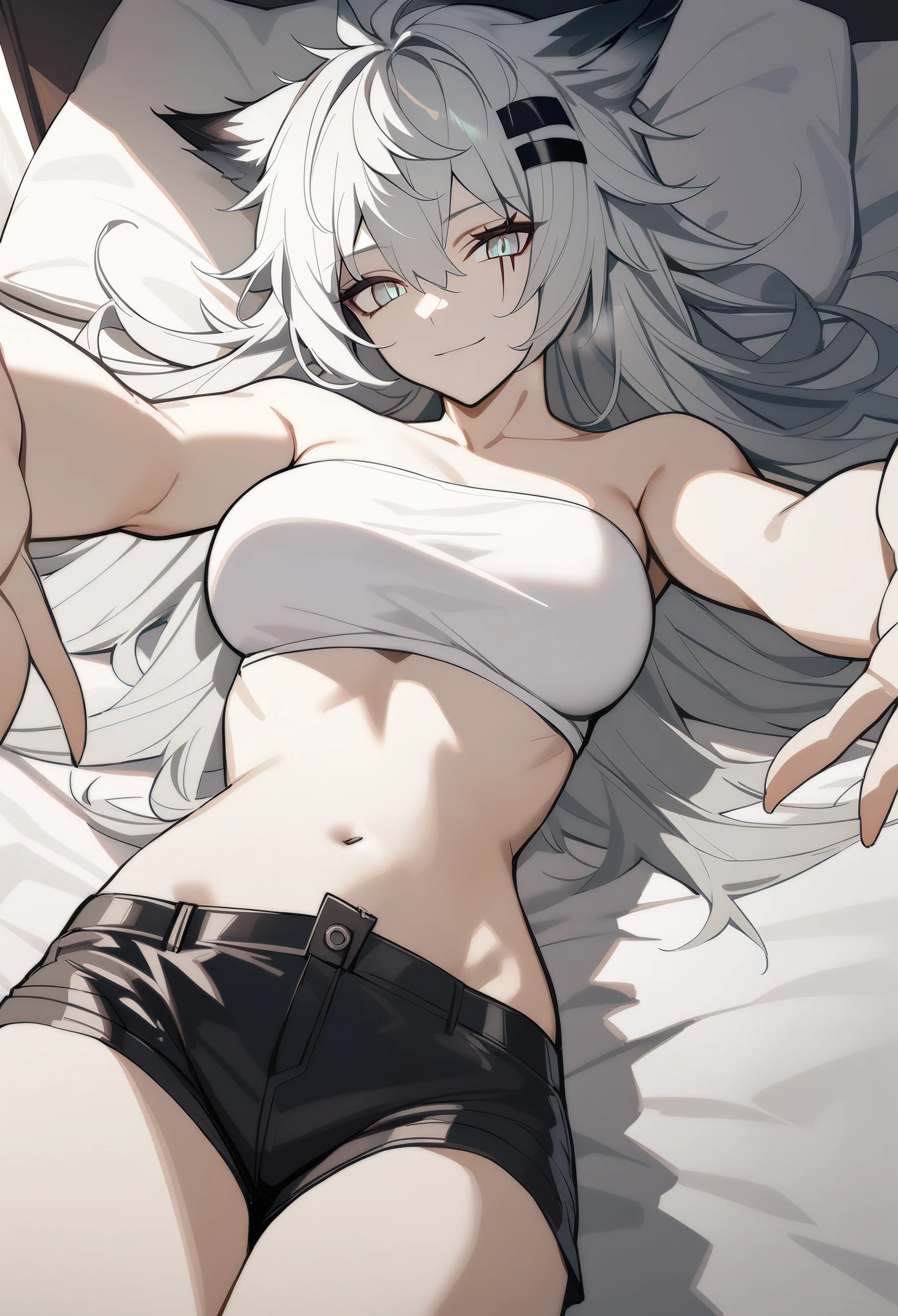 1girl, lappland\(arknights), arknights, grey hair, long hair, scar across eye, breasts, looking at viewer, light smile, (tube top, black shorts), outstretched hands, lying, on bed, masterpiece, best quality