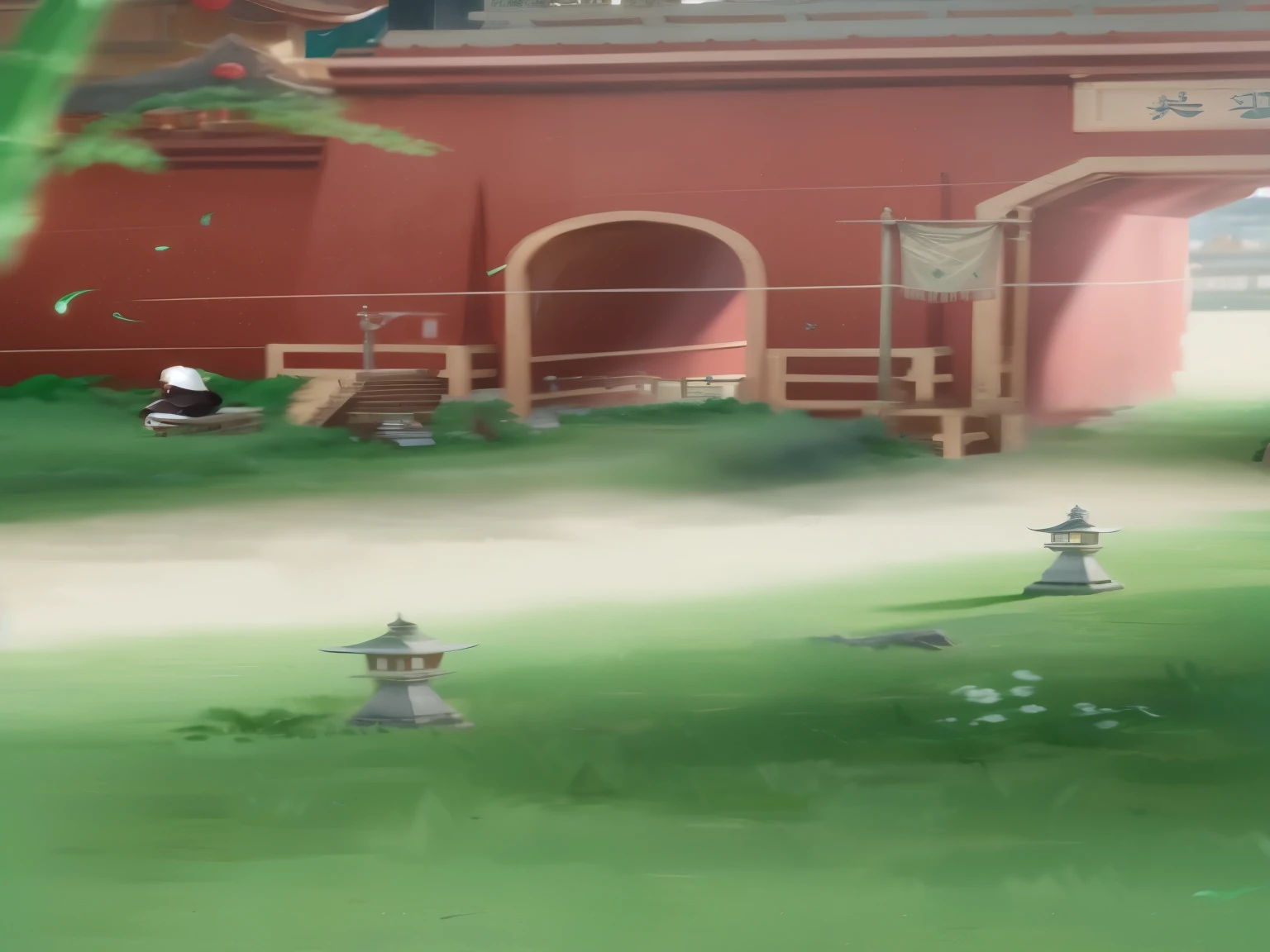 there is a painting，Painting of a dog in a fenced field, Game screenshots, 视频Game screenshots>, Game screenshots, 《The Legend of Korra》Moogle in, game screen, 视频Game screenshots, background art, Gameplay remains, Ghibli screenshots, Random background scene, Animated static screenshots, The atmosphere of Ghibli Spirited Away, 视频Game screenshots, anime scene