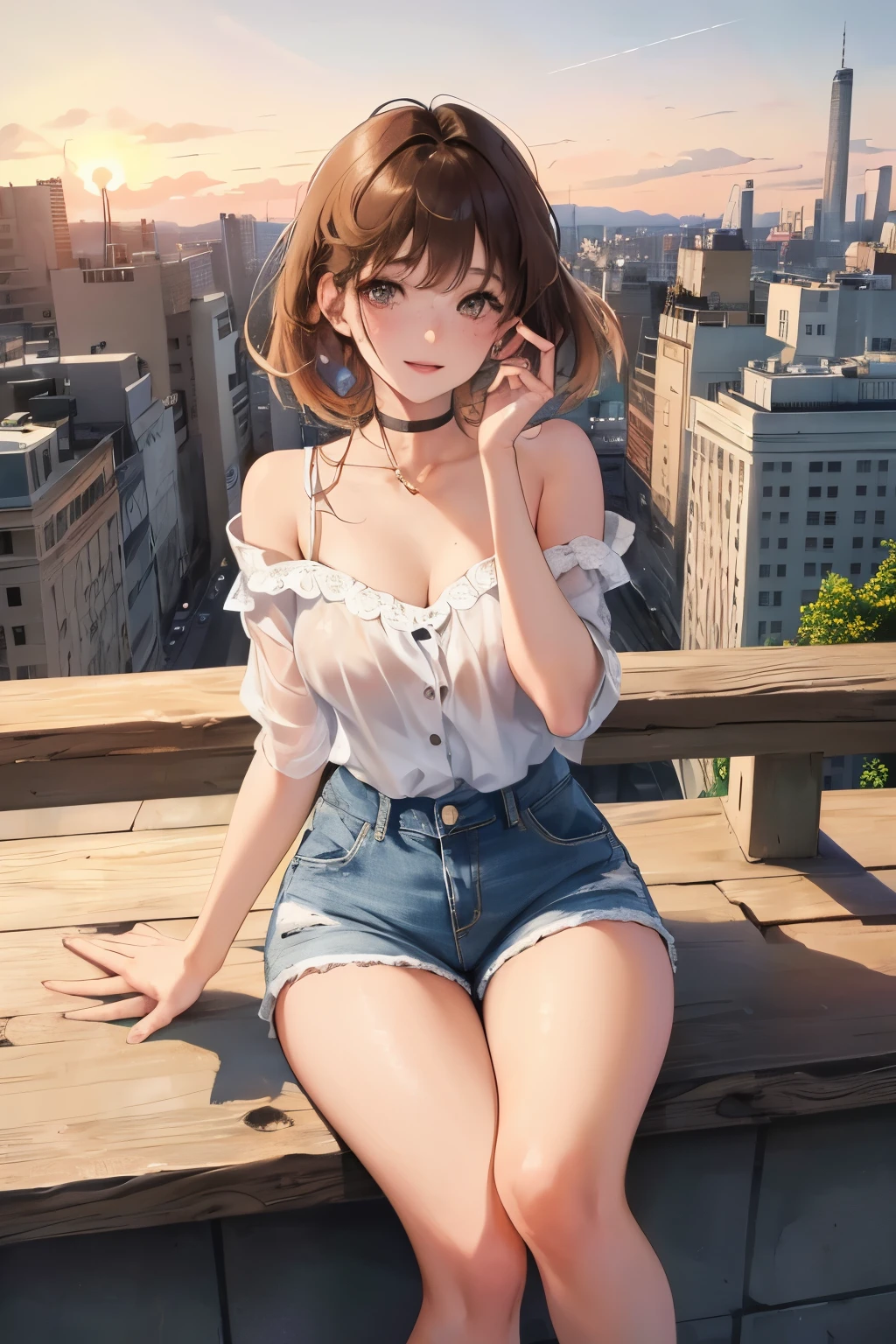 Girl gracefully perching on the rooftop, sun-kissed complexion with a hint of freckles, camera poised in hand, capturing the breathtaking view of the cityscape, radiant smile lighting up her face, denim shorts and a silk blouse, tousled brown hair cascading down her shoulders, eyes sparkling with excitement, sandals on her feet, vibrant, ultra-detailed, a beautiful moment in time, best quality, solo shot, a perfect blend of simplicity and aesthetics, soft, clear textures and precise details, a stunning masterpiece.