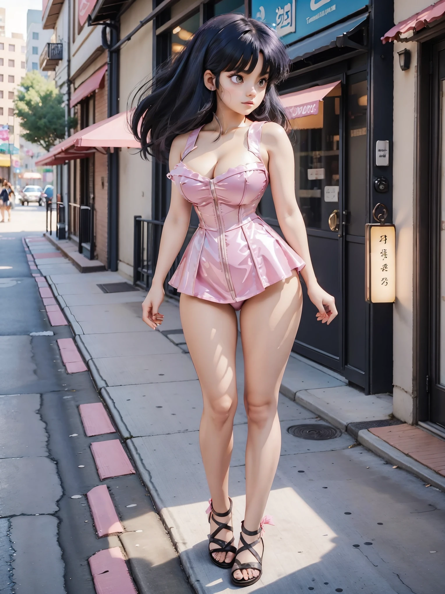 Anime girl with dark bluish hair in pink dress and a corset latex pink, , beautiful body, big breasts, with her hands on her waist, hands in her hair, Sexy girl, bluish hair, side strands of hair with a pink bow, strands of hair with a bow on the side of the face, beautiful lighting, soft shadows, brown eyes, beautiful toned legs, short hair, anime style, hand on the waist, hand in the hair, character Akane Tendo, Author Rumiko Takahashi, Based on a work by Rumiko Takahashi, Anime Ranma 1 / 2, sexy cleavage, robust hips, full body, full body, big bust, young girl with nice and beautiful body, sandals on her feet, girl 16 years young, wearing shorts and corset latex pink, anime girl, anime style, beautiful feet in sandals, outdoors, big breast, beautiful breasts, black hair, sandals on feet, beautiful legs, sexy, beautiful legs, Sandals, big breasts, full body, full body, feet with sandals, big bust