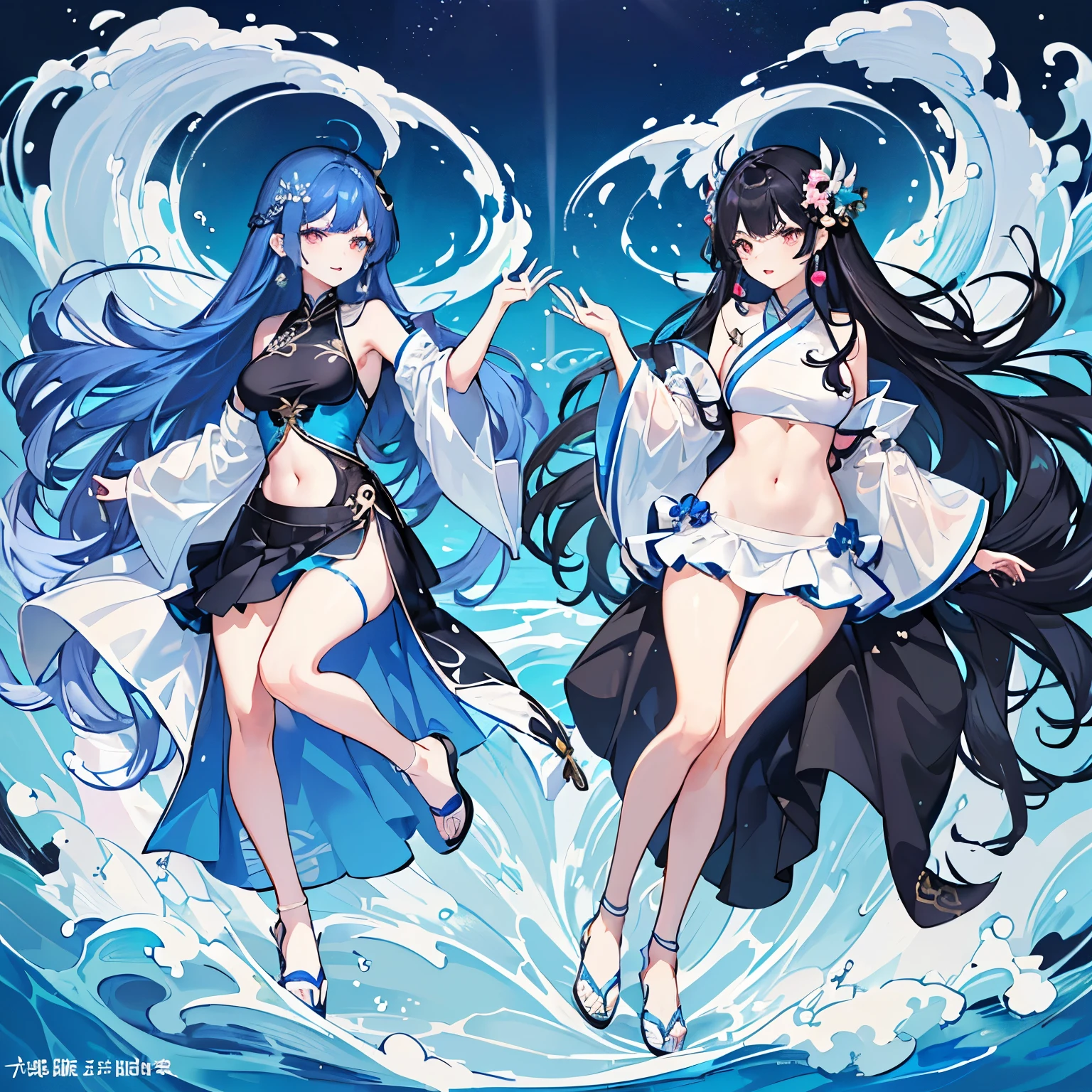 Hanfu(swimming suit），full body portrait，light wing earrings，long black hair，Blue hair ends are dyed，Center parted bangs，High heel，There are gorgeous wave patterns on the clothes，Gorgeous water splash skirt，Intricate costume details，Complex ornaments，Navel exposed，two girls，interactive，various postures