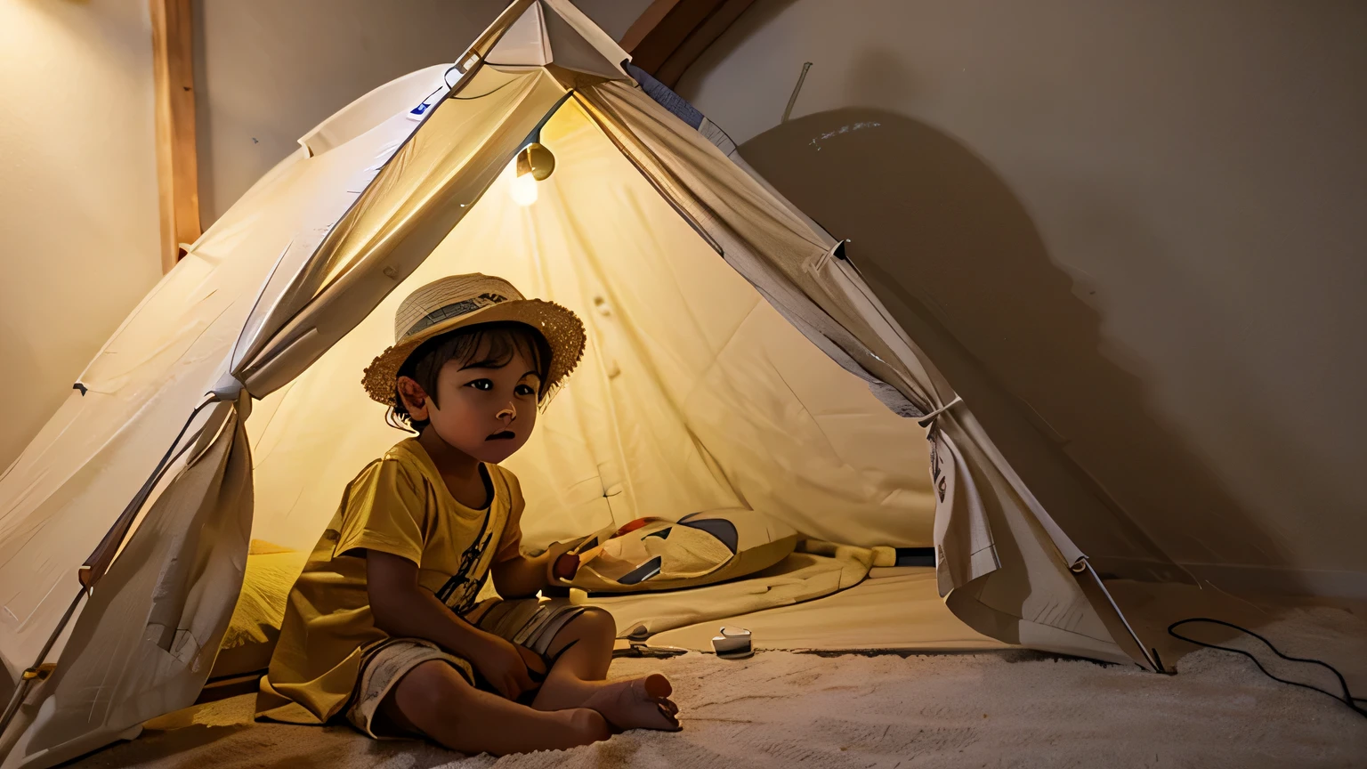 A wearing a yellow straw hat is playing in a small tent in the children's room,Night light hanging on the wall