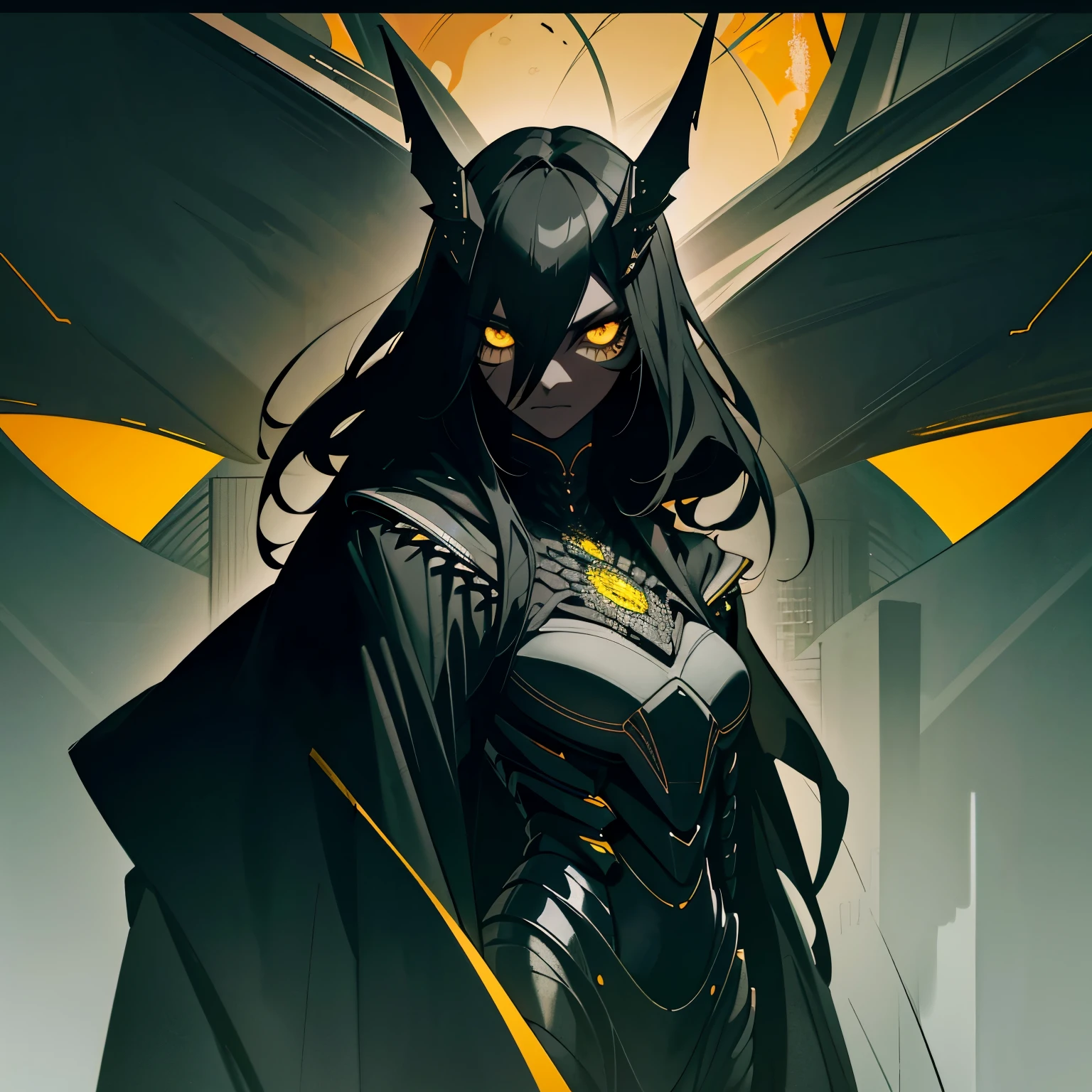 (dark modernistic landscape), knee length portrait, insect girl, dark black skin, black skin, smooth skin, ((black dividing lines on skin)), long black hair, long scaly cloak, yellow eyes, articulated body, between high-rise buildings, dark green and gray steel lighting, highly detailed art, extremely detailed background