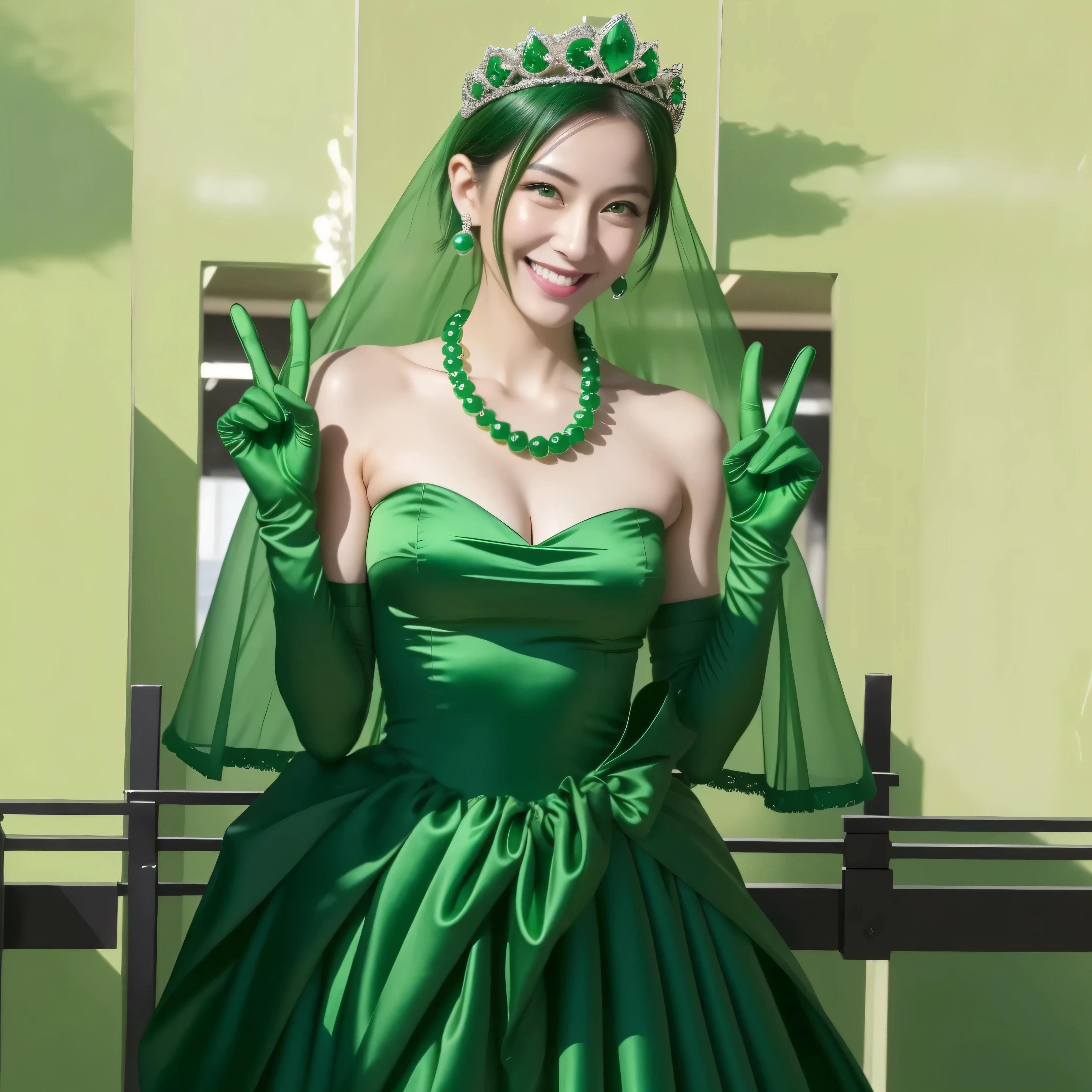 Beautiful Japan woman in her 30s, finger details, beautiful hands,emerald tiara, Green Pearl Necklace, Boyish green berry short hair, lipstick, smiling Japanese woman, very short hair, big breasts beautiful, green eyes, green satin long gloves, green eyes, emerald earrings, Green veil, v sign