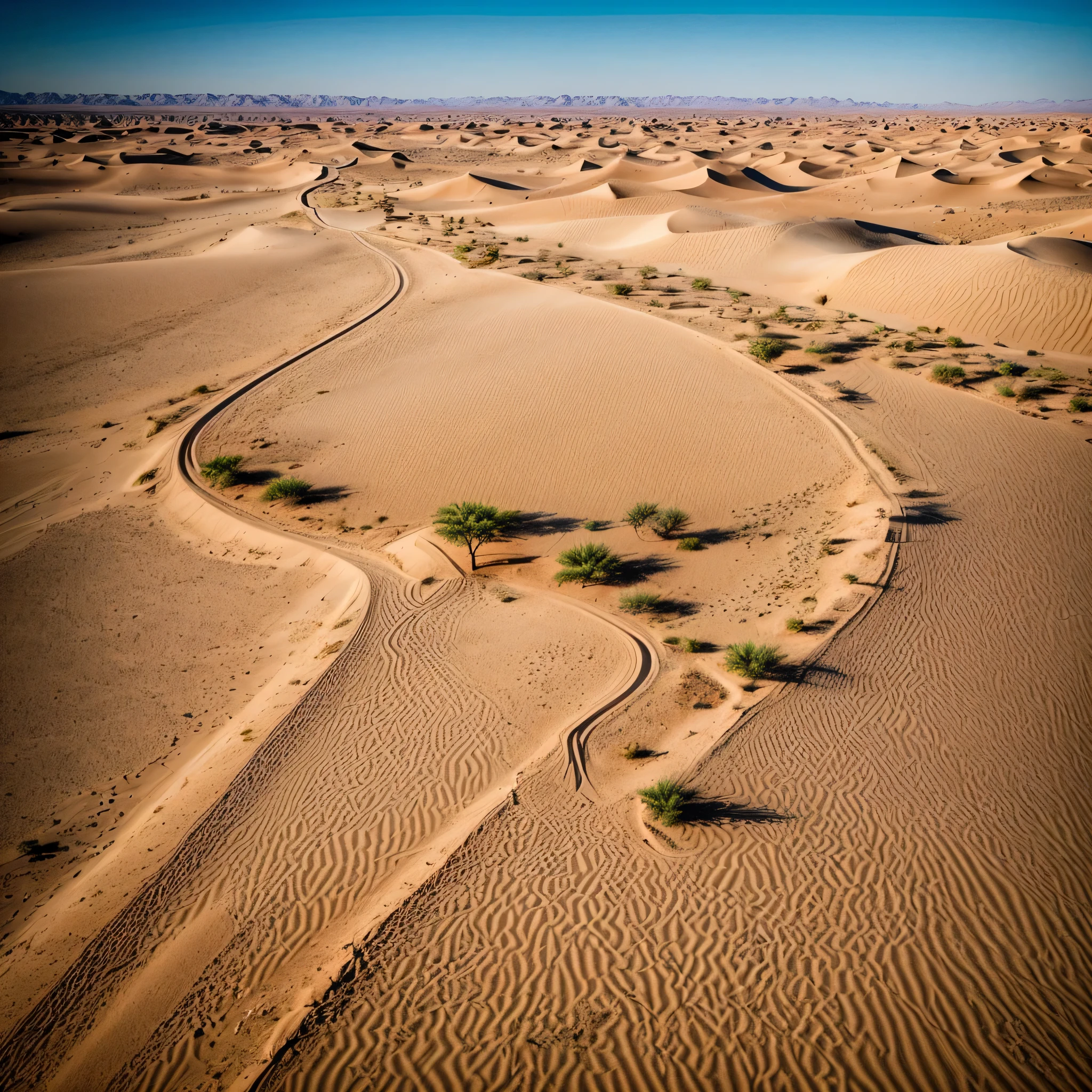 A mesmerizing aerial view of a vast desert landscape, golden dunes stretching endlessly, a lone nomad on a camel trekking through the barren beauty, the sun casting long shadows, capturing the solitude and majesty of the desert, Photography, professional drone with a telephoto lens