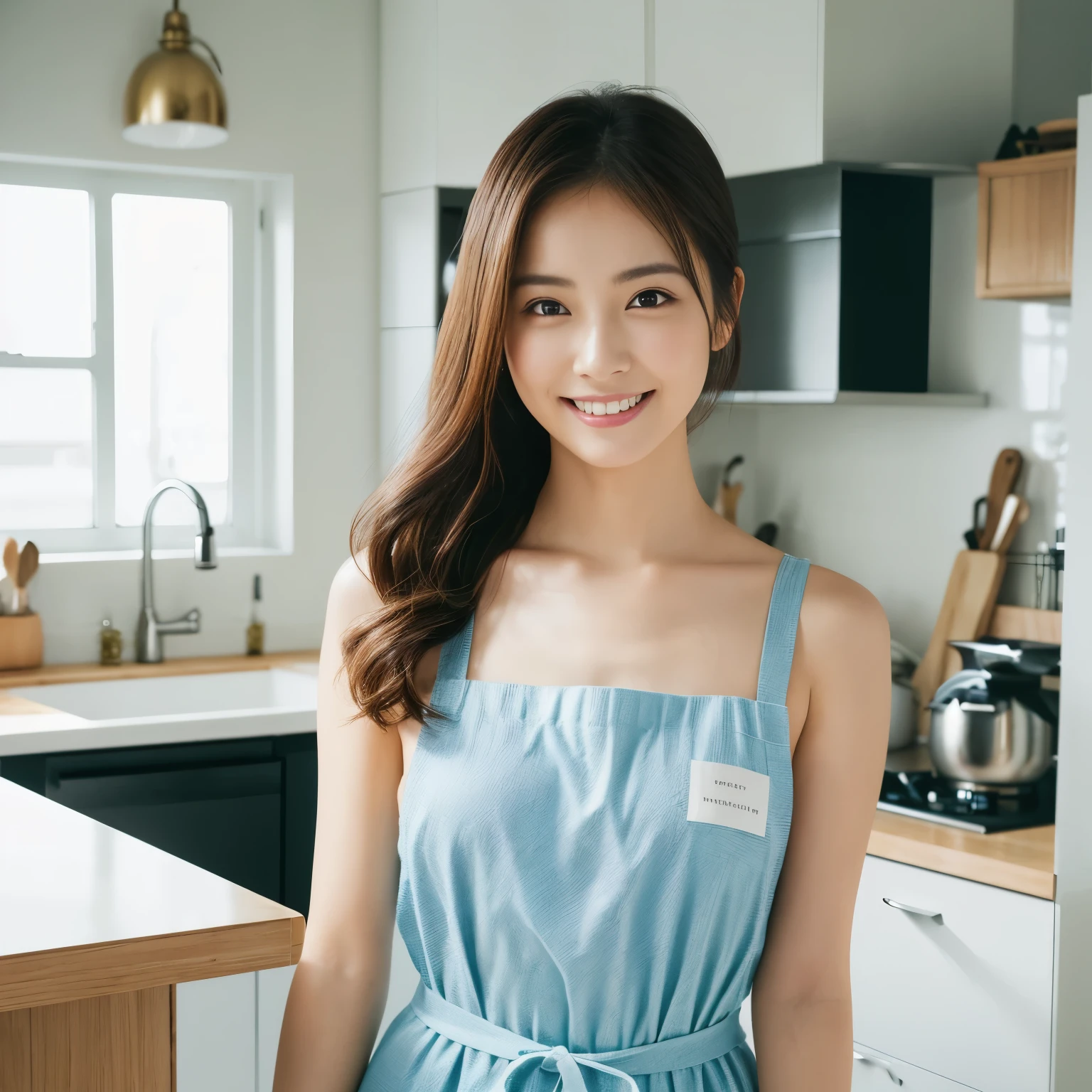 (table top、highest quality、8k、Award-winning work、ultra high resolution)、one beautiful woman、(wearing the most natural and perfect apron:1.1)、the best smile looking at me、emphasize body line、big breasts、(The most natural and practical kitchen:1.1)、(Perfectly organized and clean kitchen:1.1)、(modern and elegant kitchen:1.1)、(Beautiful modern kitchen with a unified feel:1.1)、(very bright:1.1)、very bright and vivid、A refreshing and beautiful perfect window、ultra high resolutionの完璧な美しい歯、(Ultra high definition glossy skin:1.1)、(very brightly lit、bright and glowing skin:1.1)、Super high-definition sparkling eyes、accurate anatomy