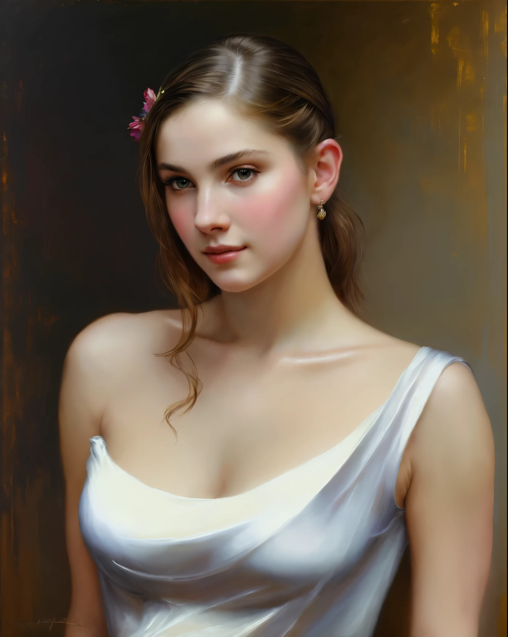 Masterpiece, Best quality, Ethereal beauty, portrait, girl, 35 years old Woman, middle ages, classicism, andrey atroshenko style, painting, traditional media, realistic, figurative, fine art, oil on canvas, HDR, 8K, original character, high resolution, high detail, by John William Waterhouse, focus on the face