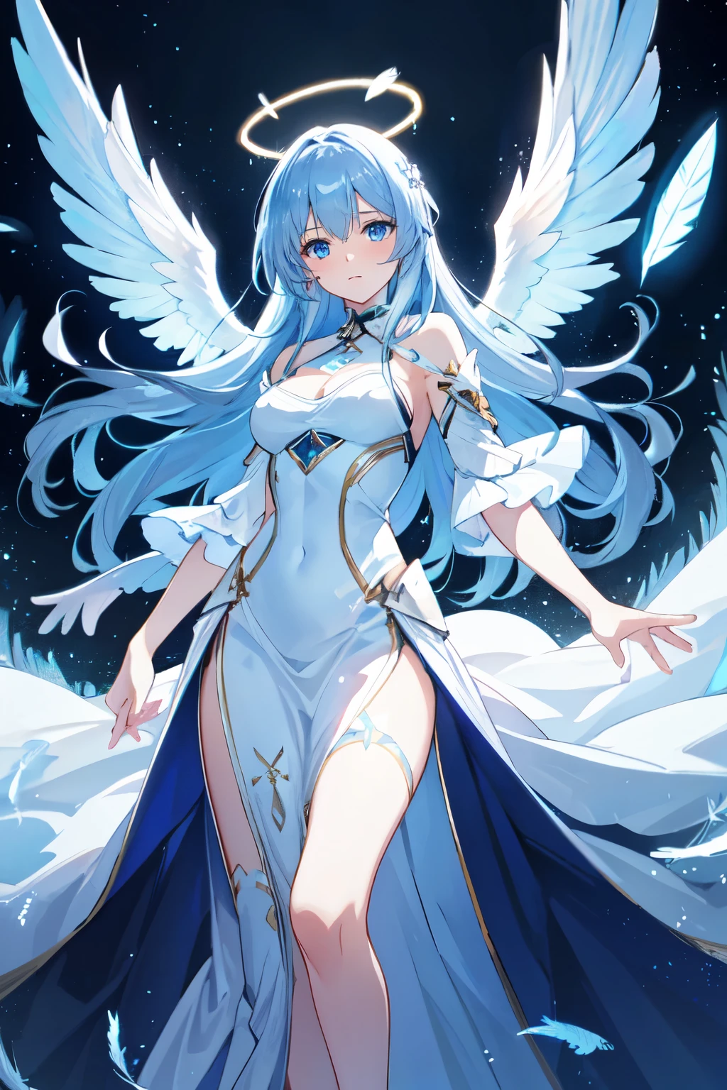 Extremely delicate and beautiful CG illustration, best quality, high resolution, dynamic angle, full length shot, (1 girl), blue eyes and long straight blue hair, floating, soft light, high tone lighting), Angel, 2 pairs of large wings, glowing light, halo, Feathers flying background, blue crystal